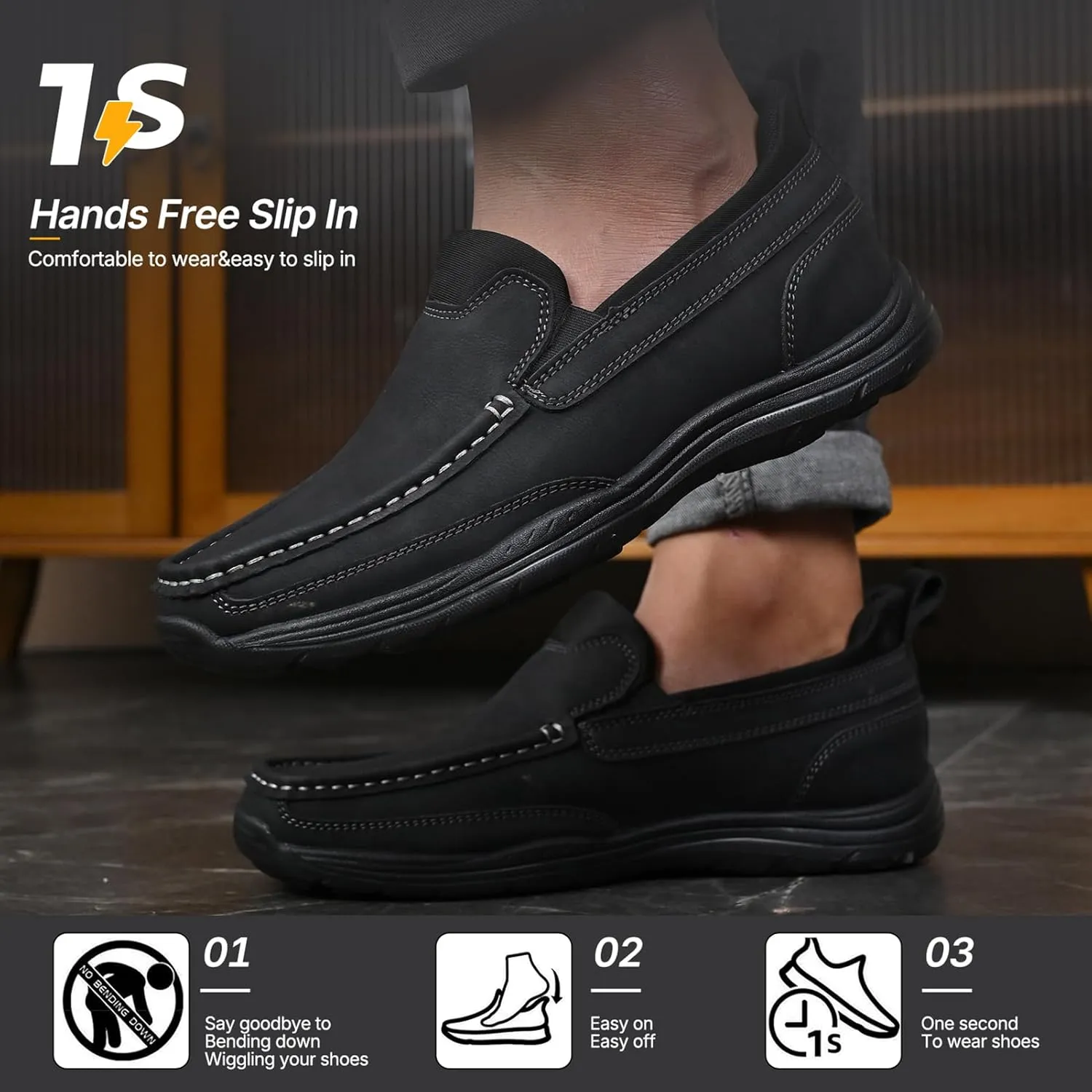 Easy On Casual Shoes for Men - Leather Slip-On Loafers with Elastic Heel & Latex Footbed - Lightweight EVA Walking Shoes