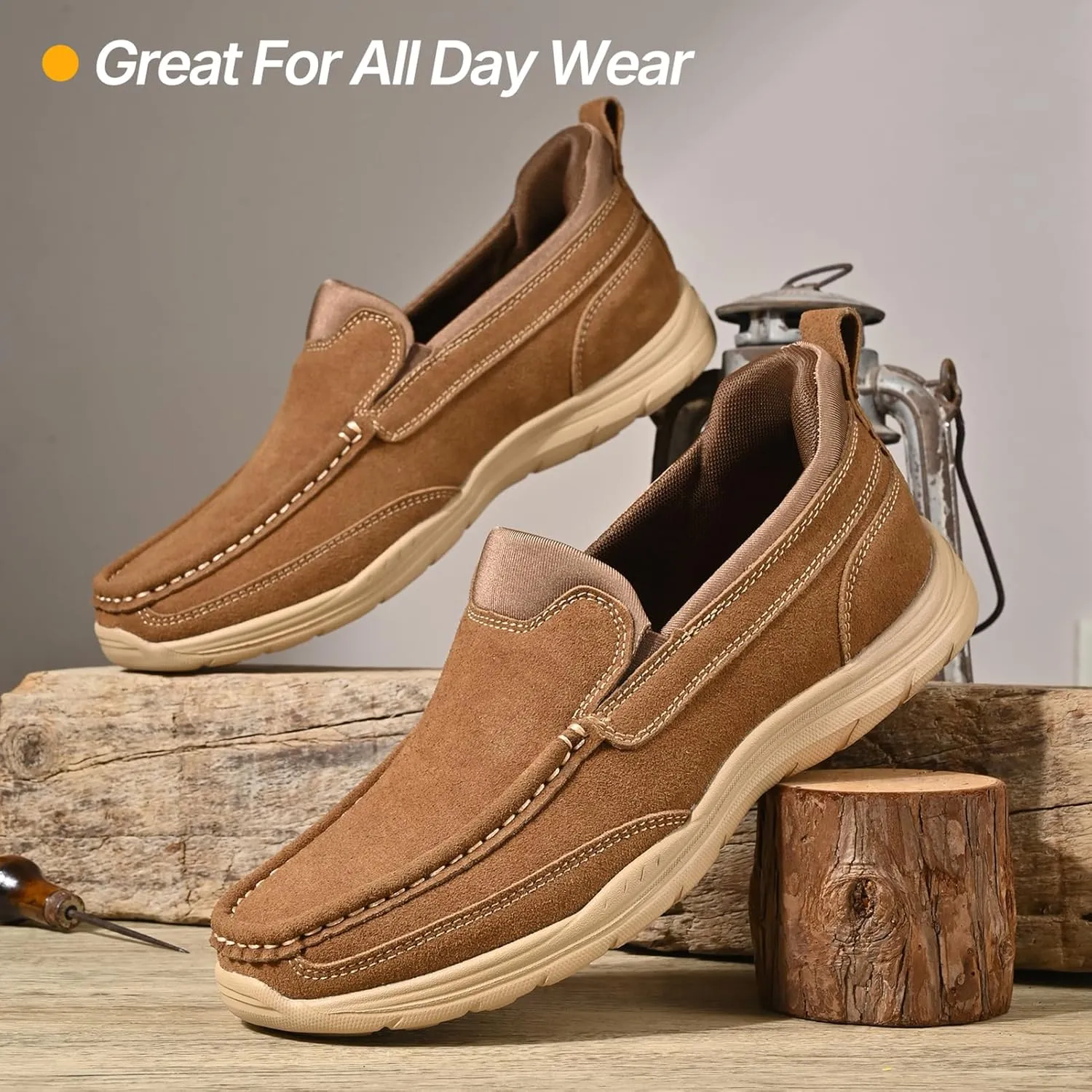 Easy On Casual Shoes for Men - Leather Slip-On Loafers with Elastic Heel & Latex Footbed - Lightweight EVA Walking Shoes