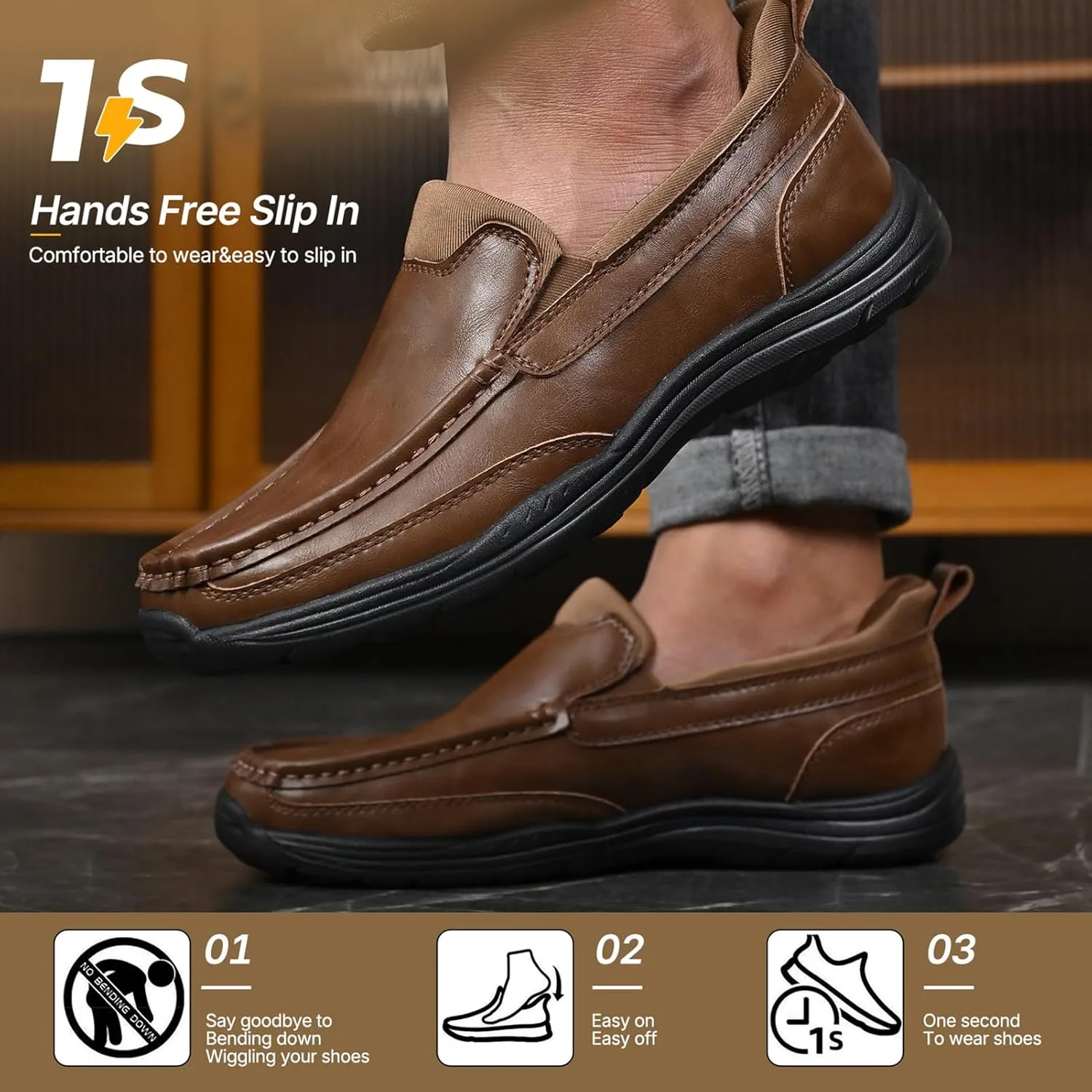 Easy On Casual Shoes for Men - Leather Slip-On Loafers with Elastic Heel & Latex Footbed - Lightweight EVA Walking Shoes