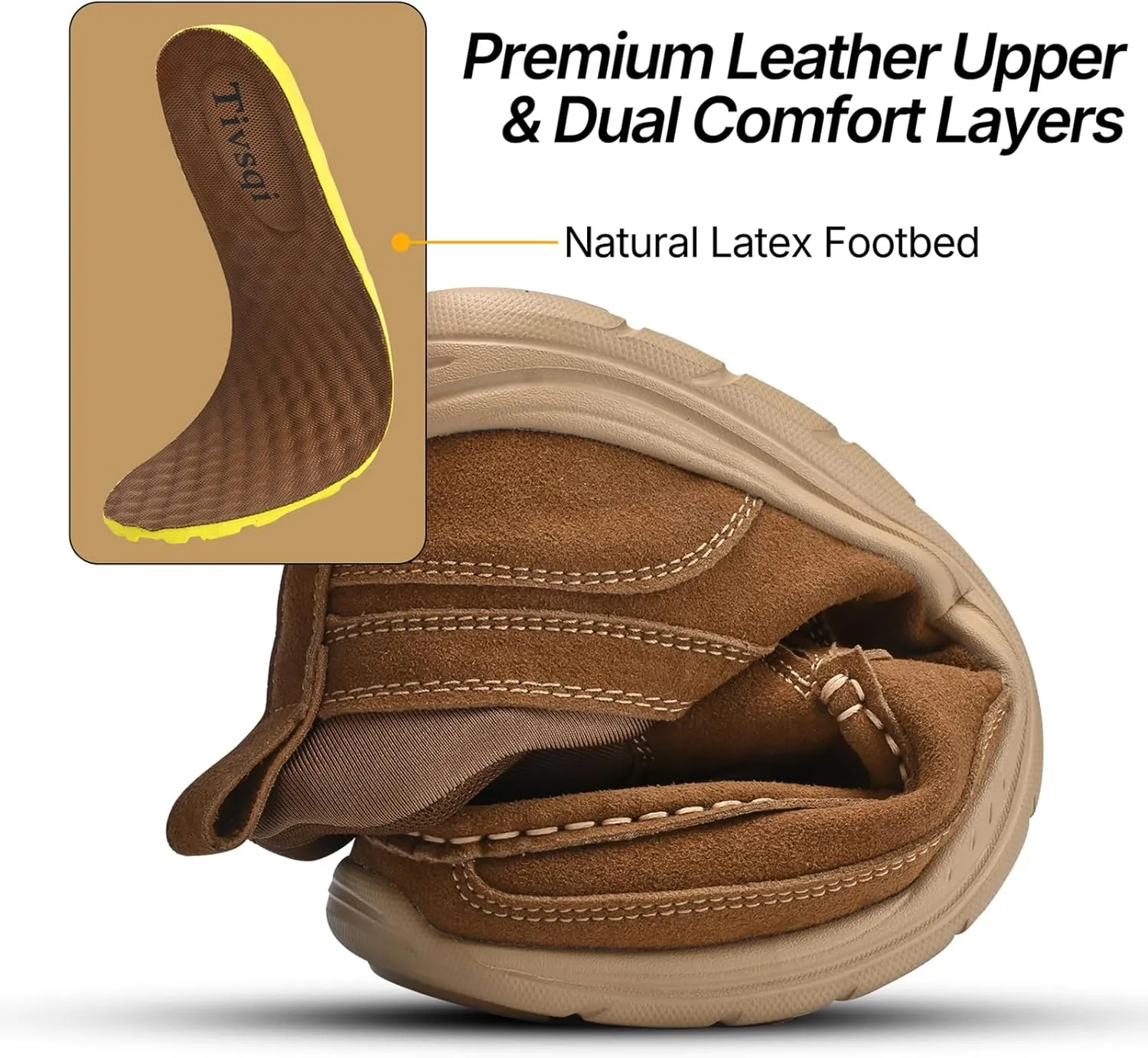 Easy On Casual Shoes for Men - Leather Slip-On Loafers with Elastic Heel & Latex Footbed - Lightweight EVA Walking Shoes