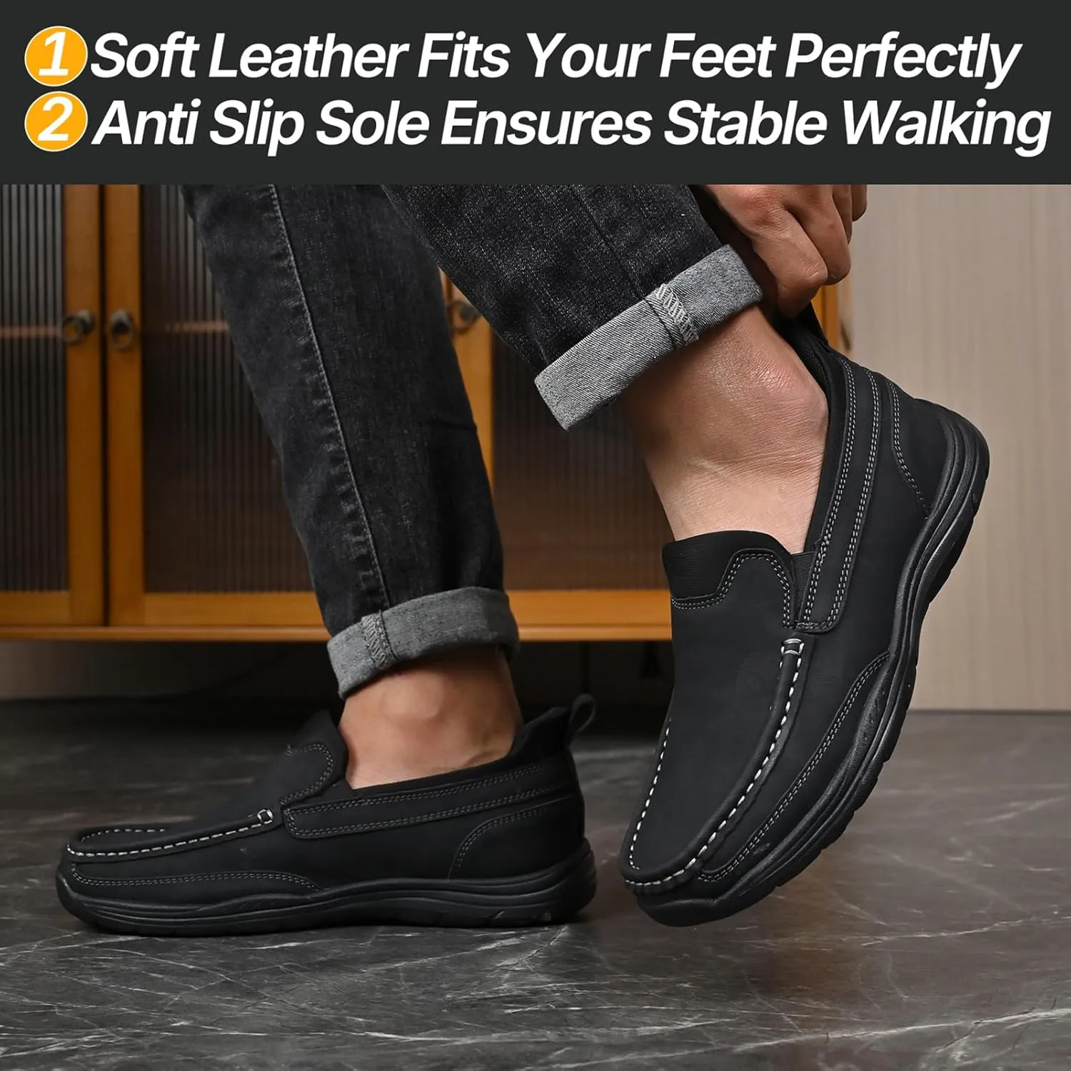 Easy On Casual Shoes for Men - Leather Slip-On Loafers with Elastic Heel & Latex Footbed - Lightweight EVA Walking Shoes