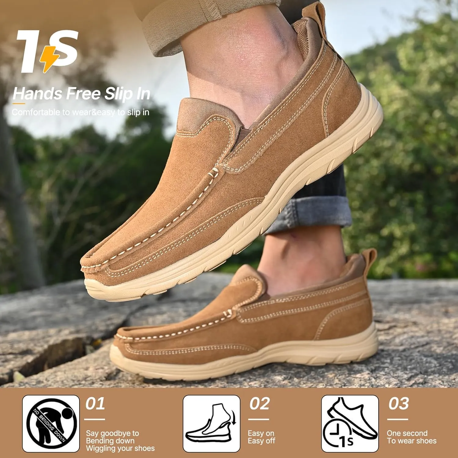 Easy On Casual Shoes for Men - Leather Slip-On Loafers with Elastic Heel & Latex Footbed - Lightweight EVA Walking Shoes
