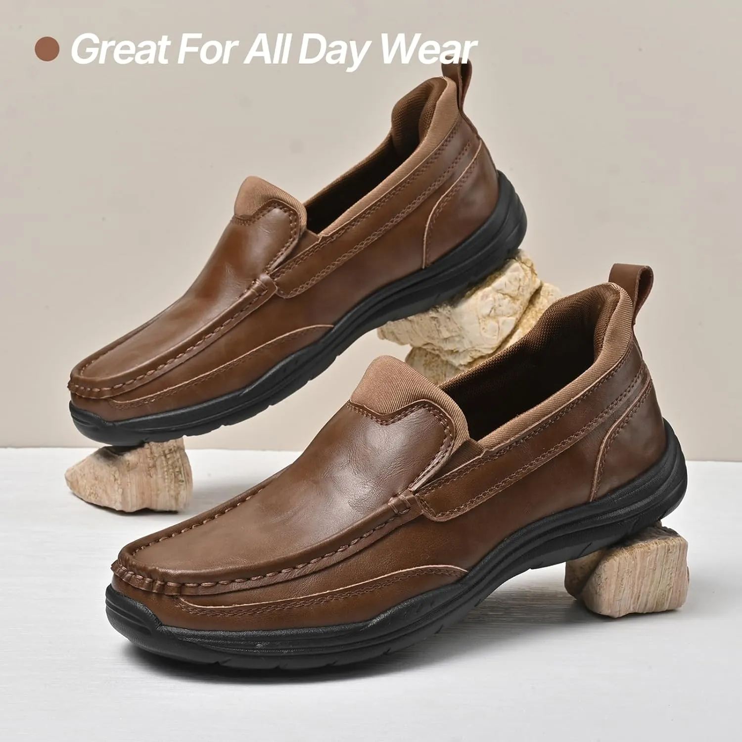 Easy On Casual Shoes for Men - Leather Slip-On Loafers with Elastic Heel & Latex Footbed - Lightweight EVA Walking Shoes