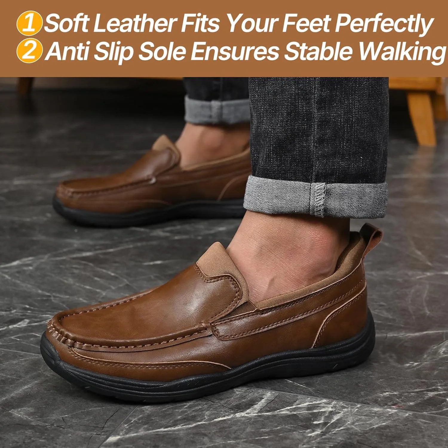 Easy On Casual Shoes for Men - Leather Slip-On Loafers with Elastic Heel & Latex Footbed - Lightweight EVA Walking Shoes