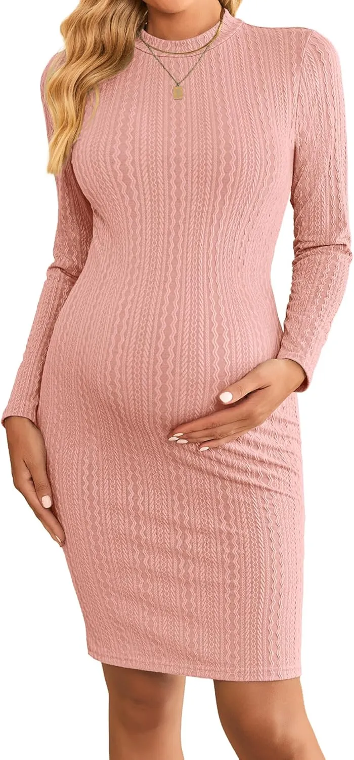 Ekouaer Maternity Dress Mock Turtleneck Pregnancy Dress Rib Knit Stretchy Bodycon Baby Shower Dress