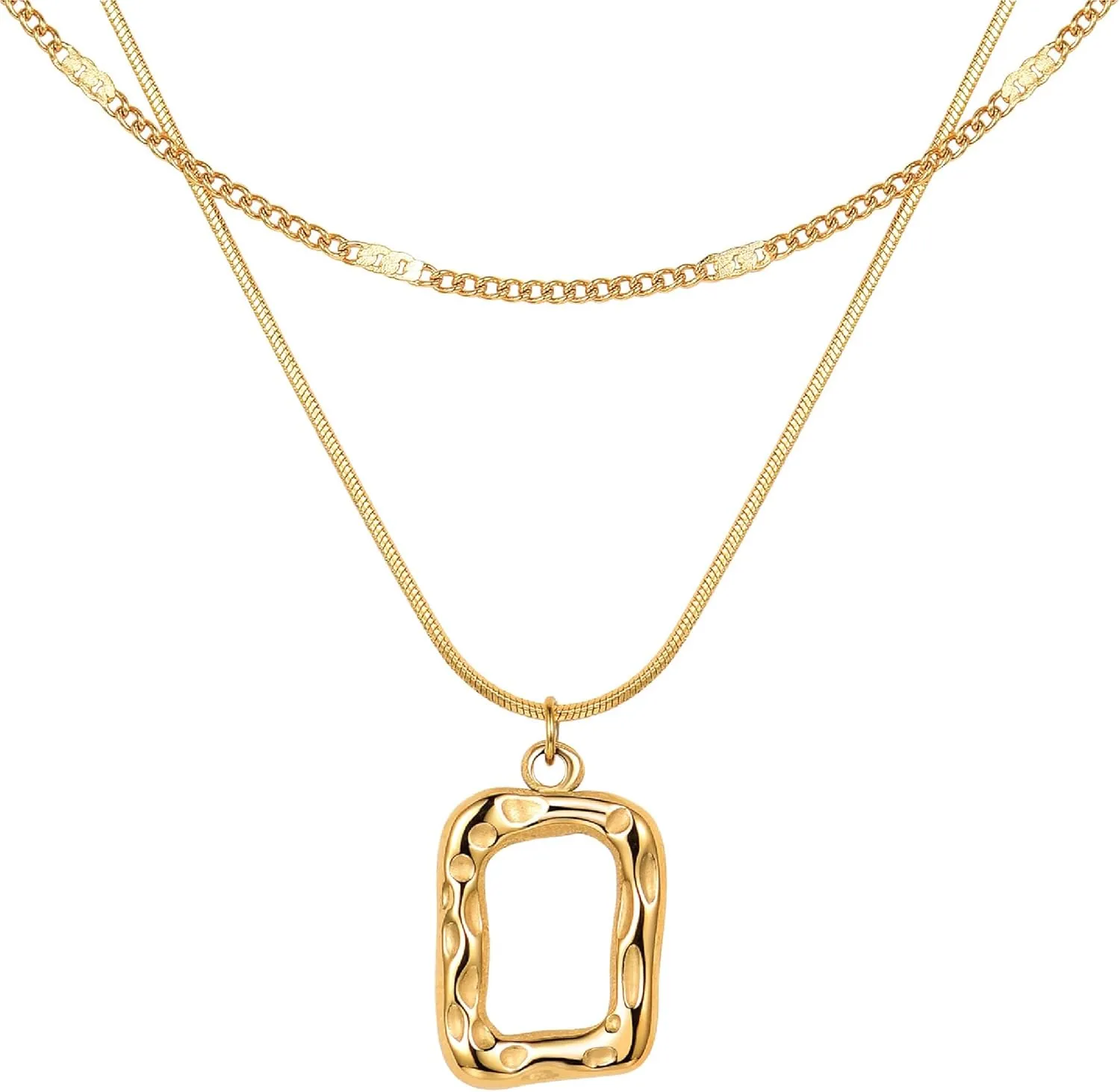 Evabelle Gold Layered Necklace for Women Trendy Jewelry 14K Real Gold Plated Chunky Chain Stackable Necklaces Dainty Choker Necklaces Rectangle Square Pendant Necklace