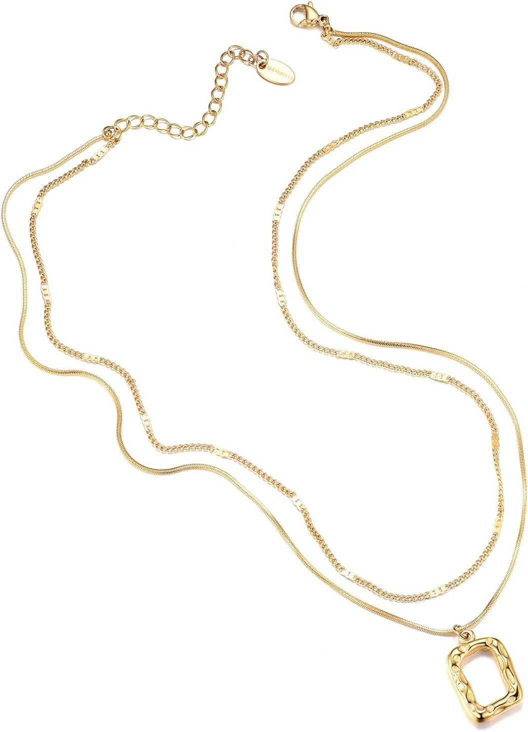Evabelle Gold Layered Necklace for Women Trendy Jewelry 14K Real Gold Plated Chunky Chain Stackable Necklaces Dainty Choker Necklaces Rectangle Square Pendant Necklace