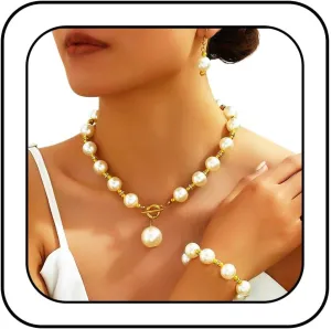 EVILD Pearl Necklaces and Gold Earring Set Chunky Jewelry Sets for Women