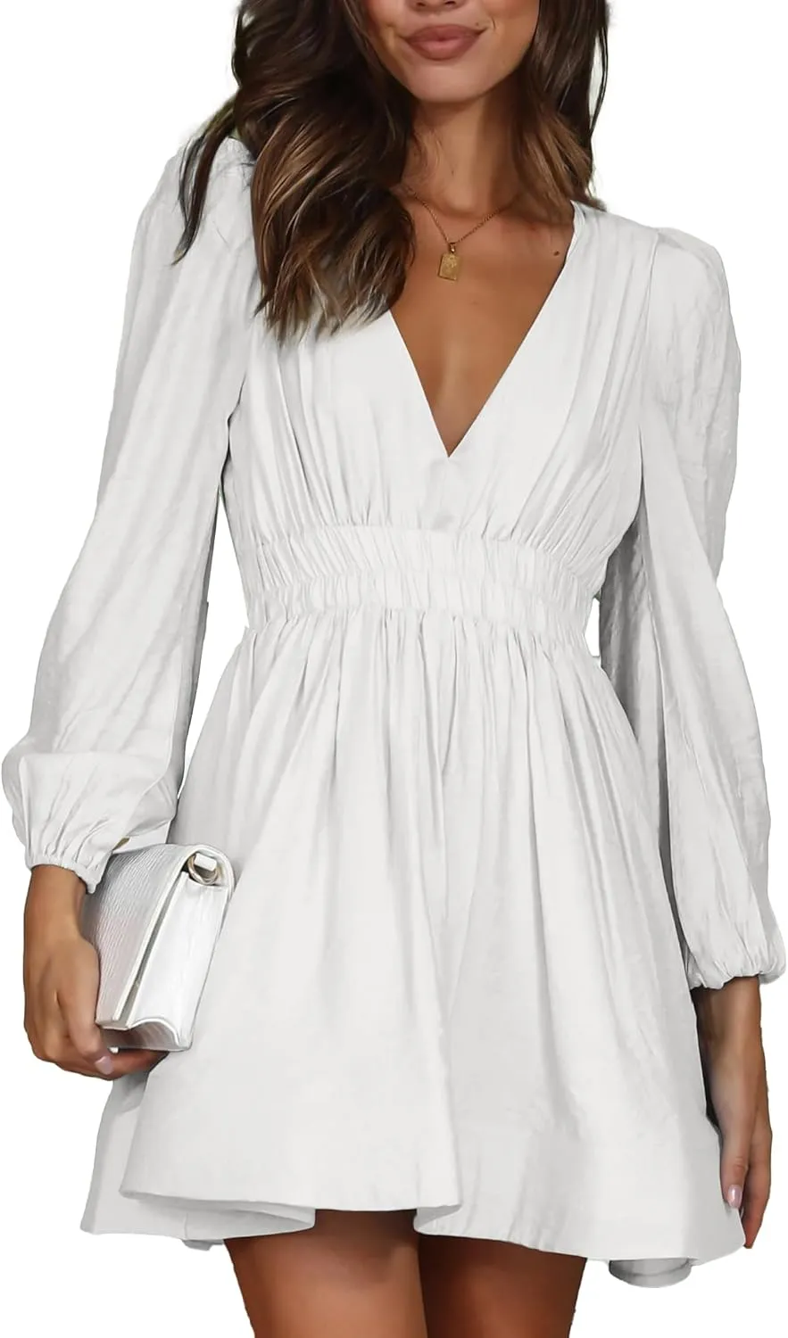 FAIABLE Mini Dress Deep V Sexy Dress Long Sleeve Dress for Women A-line High Waisted Casual Flowy Dress