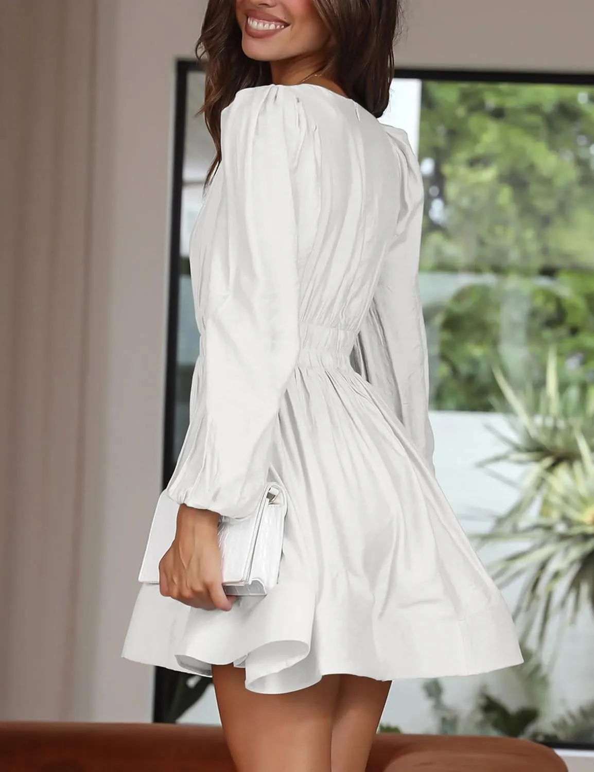 FAIABLE Mini Dress Deep V Sexy Dress Long Sleeve Dress for Women A-line High Waisted Casual Flowy Dress