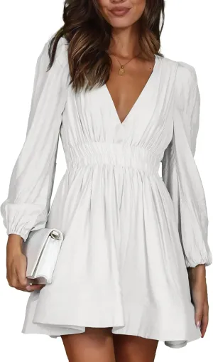FAIABLE Mini Dress Deep V Sexy Dress Long Sleeve Dress for Women A-line High Waisted Casual Flowy Dress