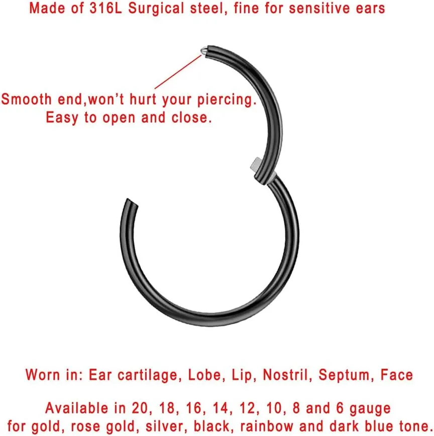 FANSING Men Women 316L Surgical Steel Hinged Nose Rings Hoop for Nostril Septum Cartilage Helix Daith Tragus Rook Conch Lip Ear Lobe Piercings