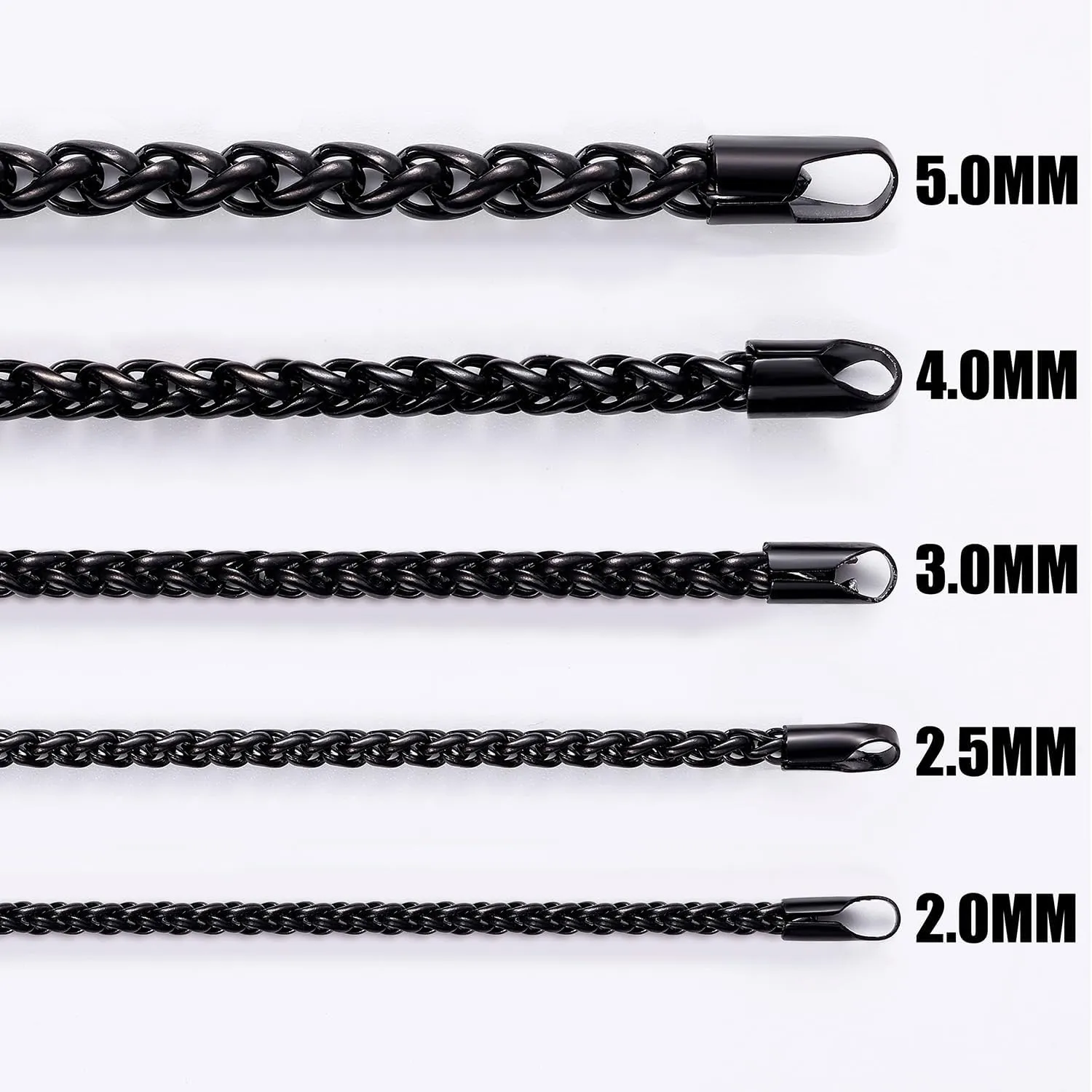 Fiusem Father's Day Gifts Black Wheat Chains for Men and Women, 2/2.5/3/4/5mm Stainless Steel Necklace Chain, Mens Necklace 16-28 Inch