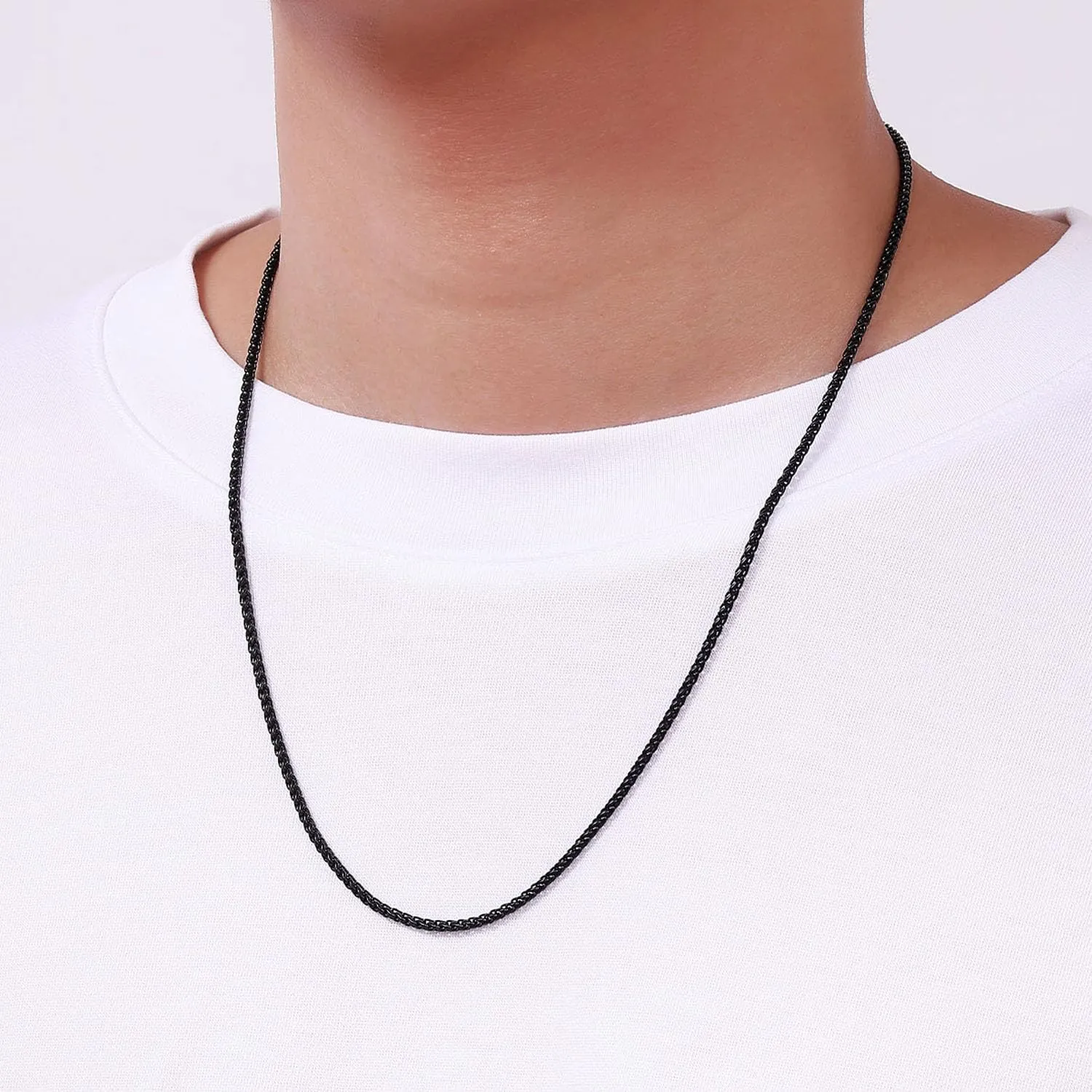 Fiusem Father's Day Gifts Black Wheat Chains for Men and Women, 2/2.5/3/4/5mm Stainless Steel Necklace Chain, Mens Necklace 16-28 Inch