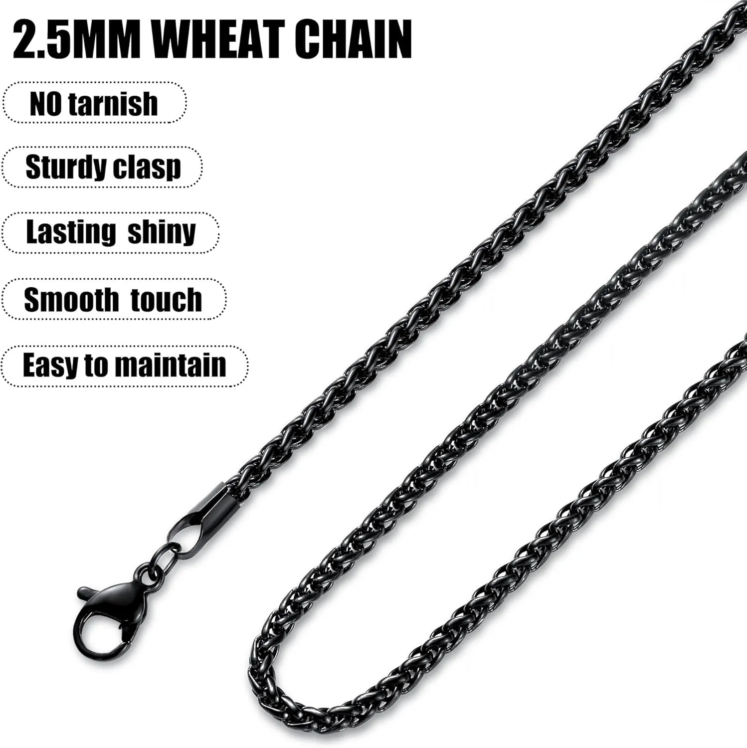 Fiusem Father's Day Gifts Black Wheat Chains for Men and Women, 2/2.5/3/4/5mm Stainless Steel Necklace Chain, Mens Necklace 16-28 Inch