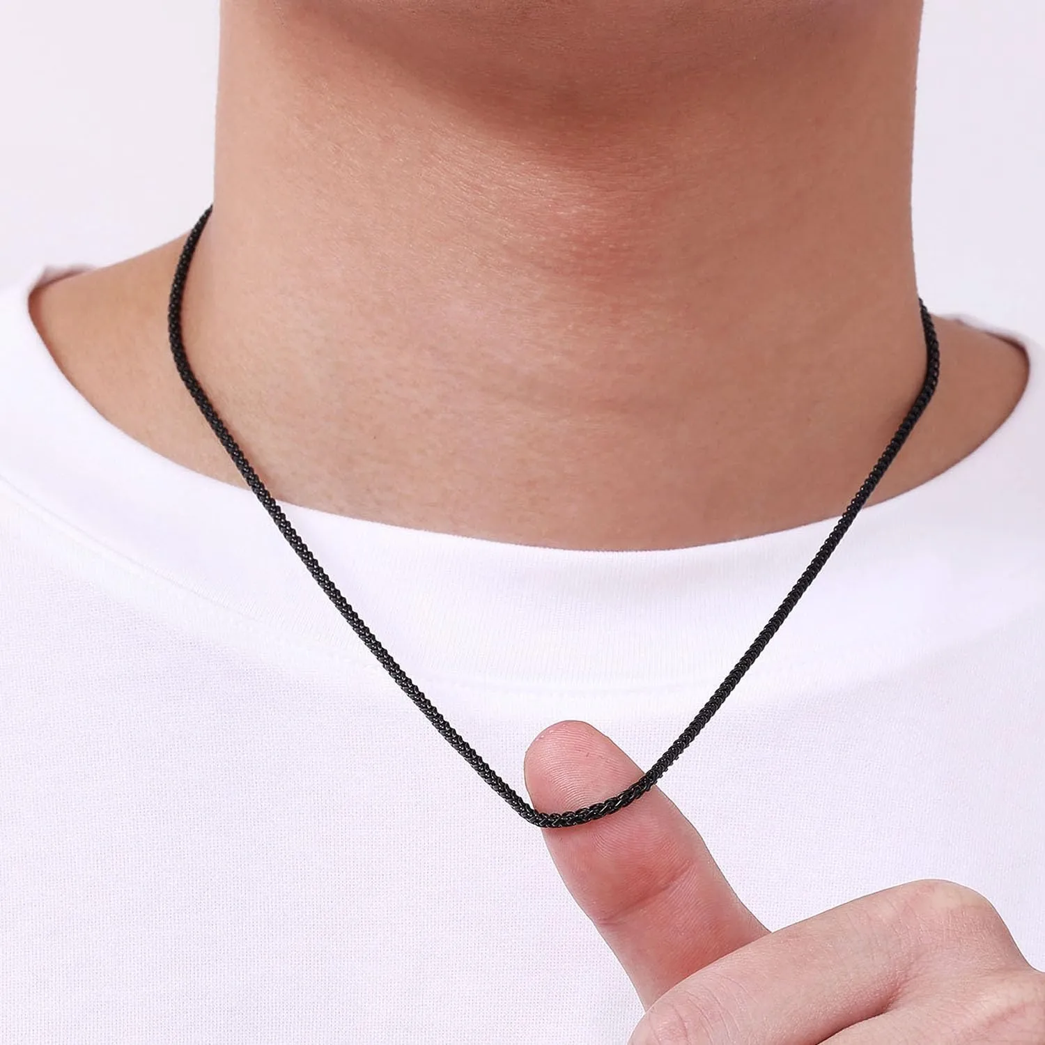 Fiusem Father's Day Gifts Black Wheat Chains for Men and Women, 2/2.5/3/4/5mm Stainless Steel Necklace Chain, Mens Necklace 16-28 Inch