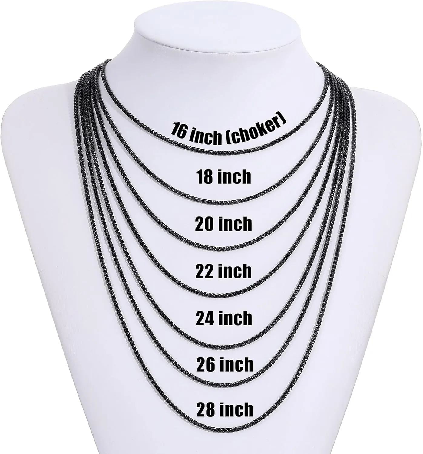 Fiusem Father's Day Gifts Black Wheat Chains for Men and Women, 2/2.5/3/4/5mm Stainless Steel Necklace Chain, Mens Necklace 16-28 Inch