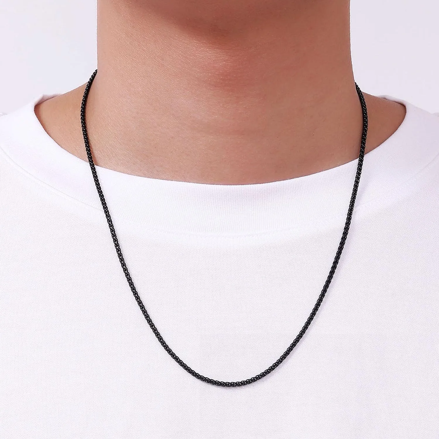 Fiusem Father's Day Gifts Black Wheat Chains for Men and Women, 2/2.5/3/4/5mm Stainless Steel Necklace Chain, Mens Necklace 16-28 Inch