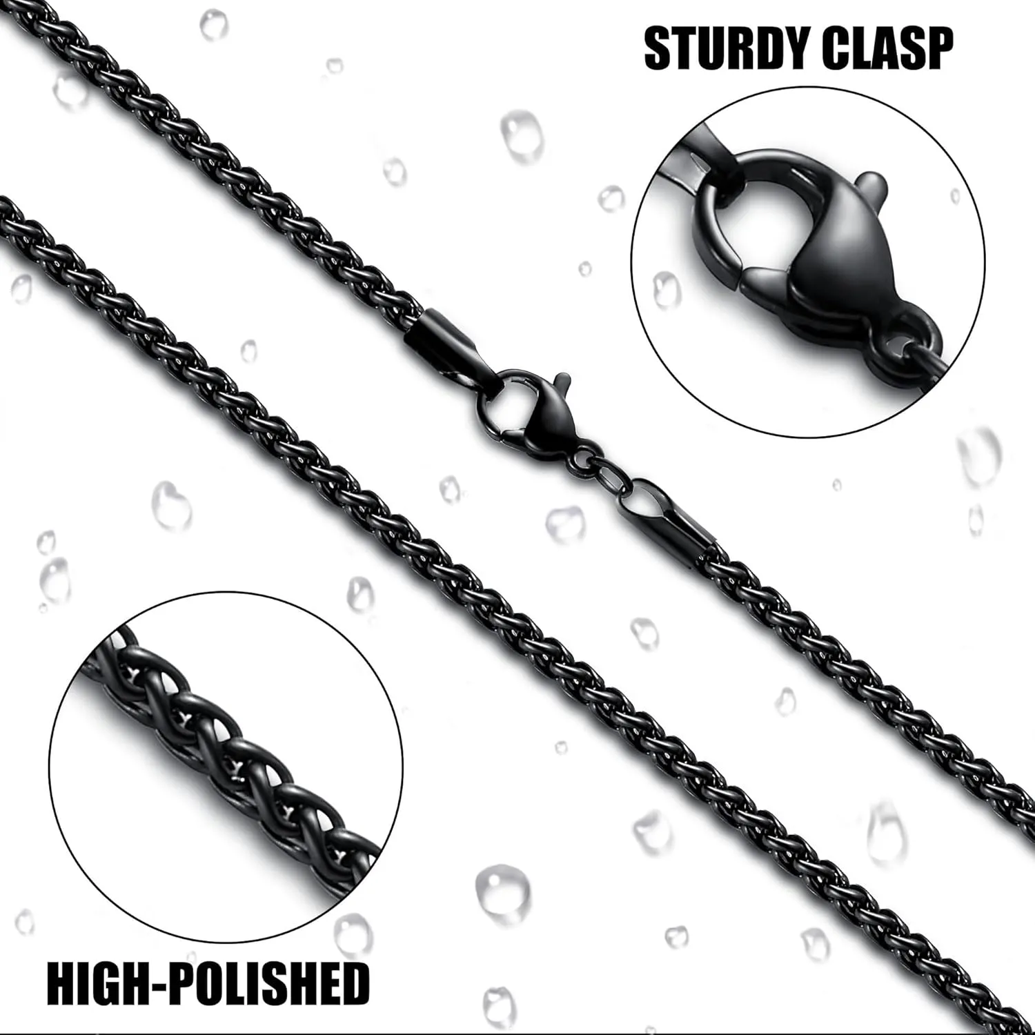 Fiusem Father's Day Gifts Black Wheat Chains for Men and Women, 2/2.5/3/4/5mm Stainless Steel Necklace Chain, Mens Necklace 16-28 Inch