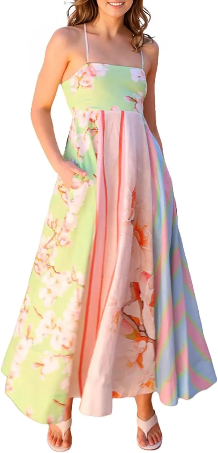 FlekmanArt Women Boho Cute Print Maxi Dress Summer Graffiti Cami Long Dress Straghetti Strap Flowy Slip Dress Beach Dress