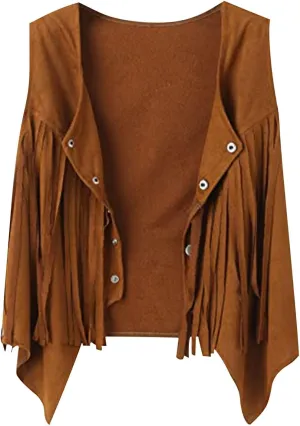 Girls Faux Suede Tassels Vest Western Cardigan Jacket Vests Sleeveless Fringe Hippie Button Up Cowgirl Boho Tops