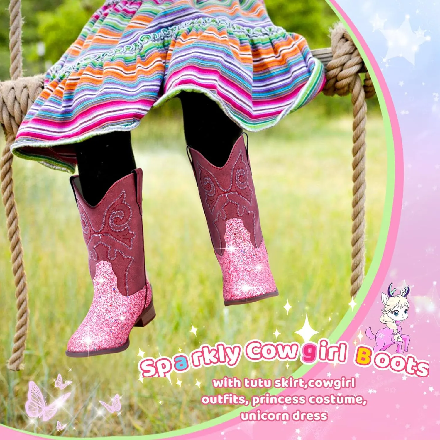 Glitter Girls Cowboy Boots Cowgirl Boots Kids Western Boot Round Toe with Walking Heel for Toddler/Little Kid/Big Kid