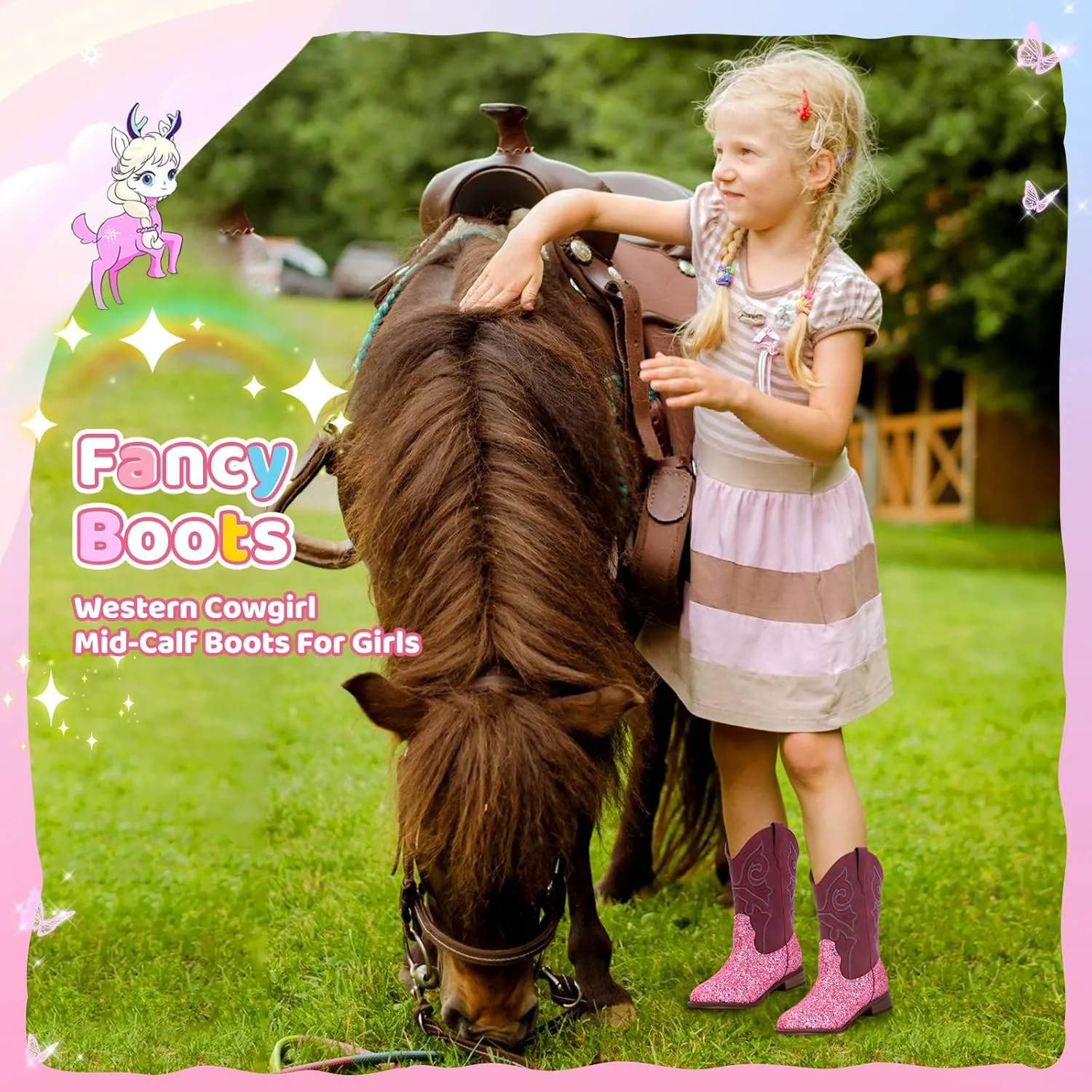 Glitter Girls Cowboy Boots Cowgirl Boots Kids Western Boot Round Toe with Walking Heel for Toddler/Little Kid/Big Kid