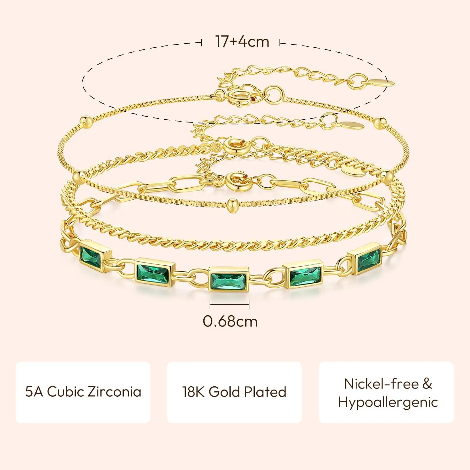 Gold Birthstone Bracelet for Women, 18K Gold Plated Layered Jewelry Bracelet Set, Women Dainty Stackable Bracelets Link Paperclip Chain Valentines Day Gift for Women