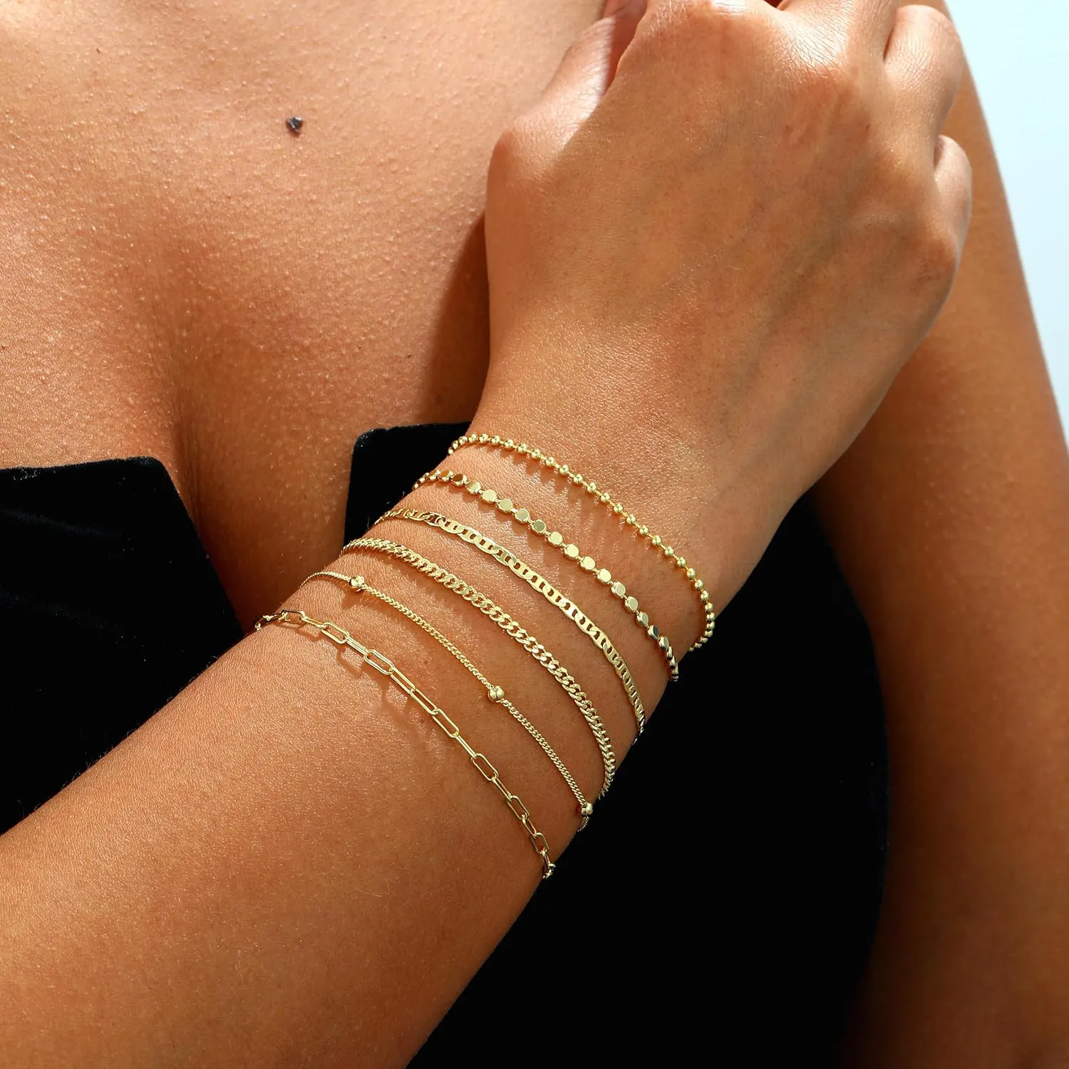 Gold Bracelets for Women Trendy, 14k Real Gold Plated Paperclip Bead Chain Bracelet Set Stackable Dainty Layerd Minimalist Bracelet Stack, Waterproof Non Tarnish Gold Jewelry Gift for Her Everyday Wear