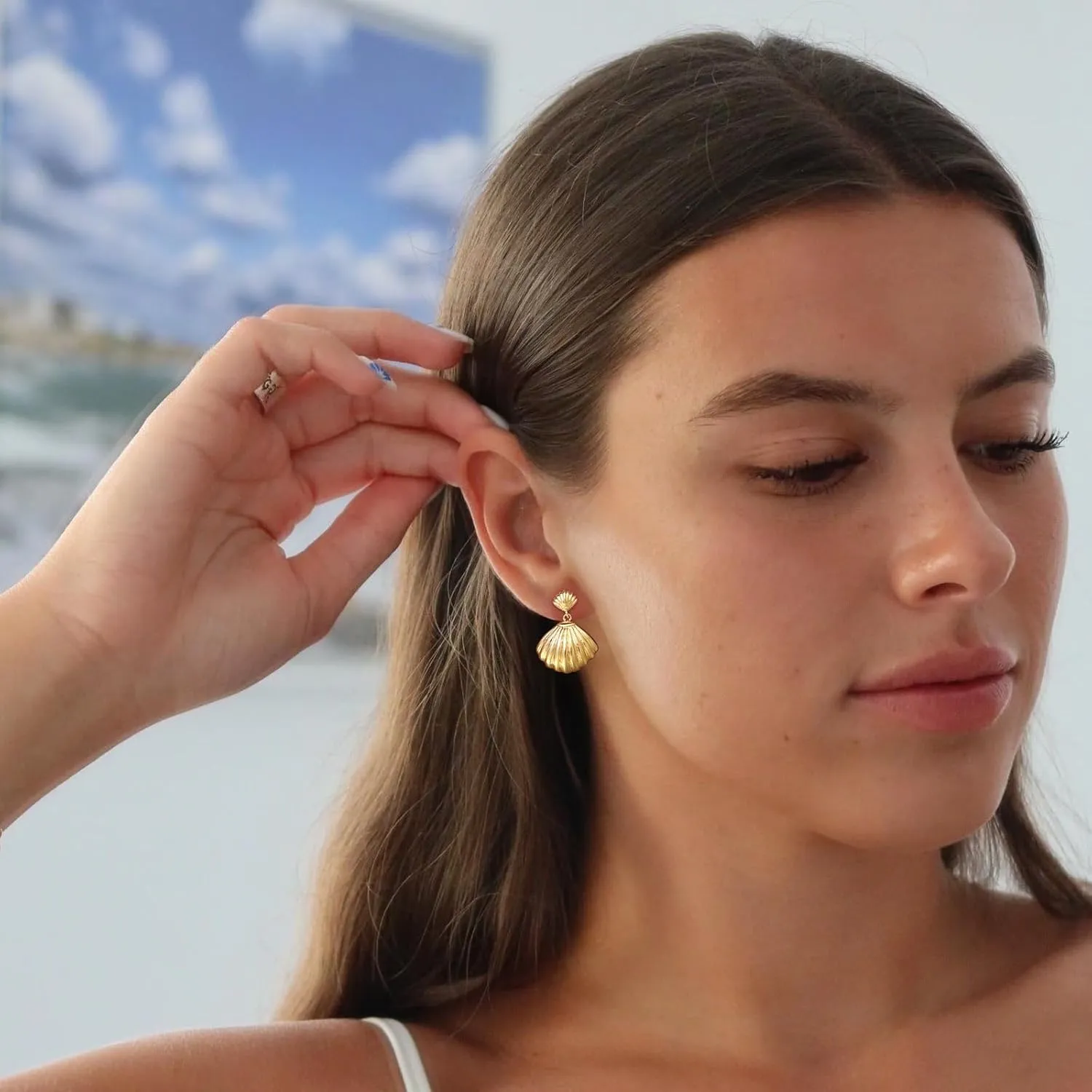 Gold Sliver Shell Earrings for Women Trendy Gold Dangle Earrings Beach Jewelry for Birthday