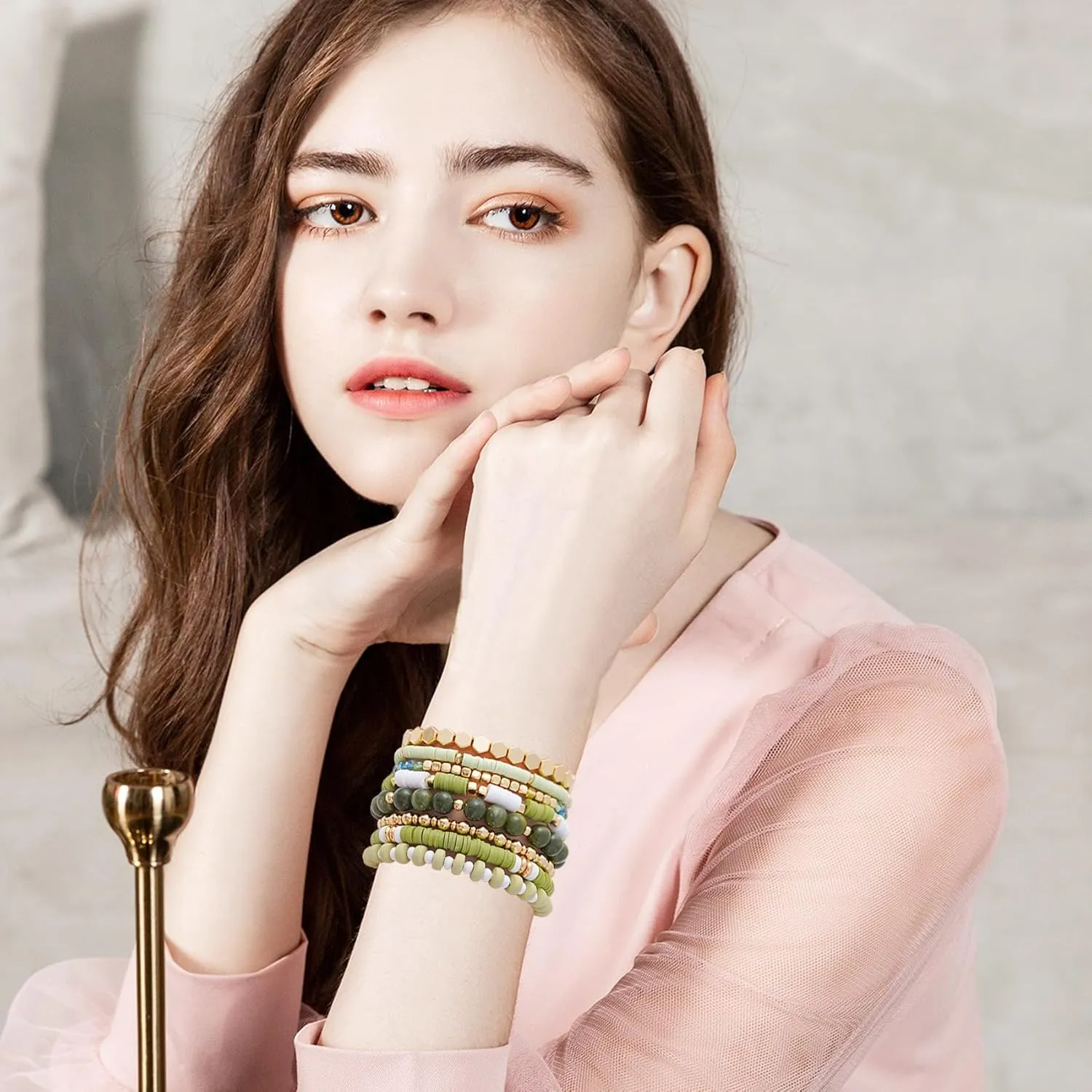 GOOJIDS Surfer Heishi Clay Bead Bracelets for Women Bohemian Stackable Gold Beaded Stretch Bracelets Elastic Layering Friendship Bracelets Set Boho Jewelry