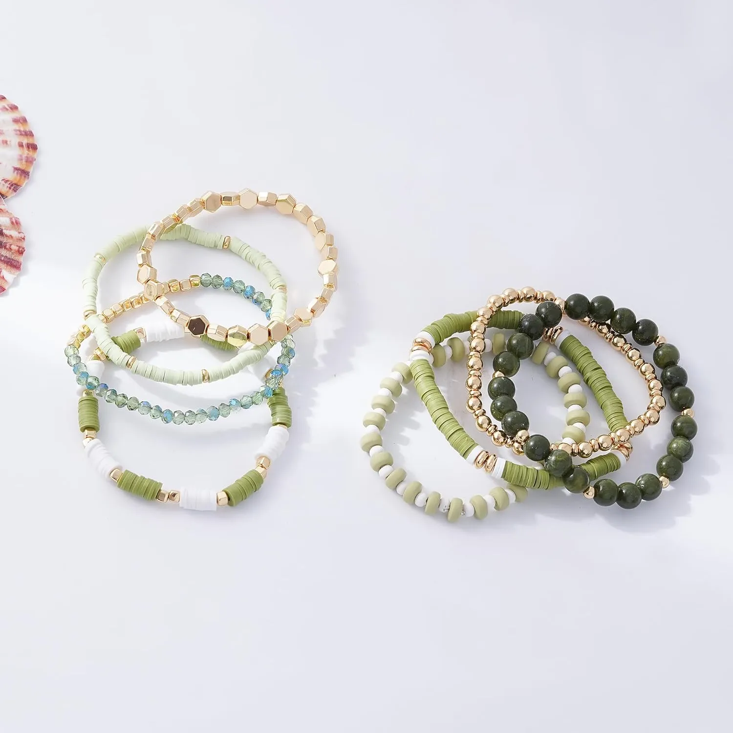 GOOJIDS Surfer Heishi Clay Bead Bracelets for Women Bohemian Stackable Gold Beaded Stretch Bracelets Elastic Layering Friendship Bracelets Set Boho Jewelry