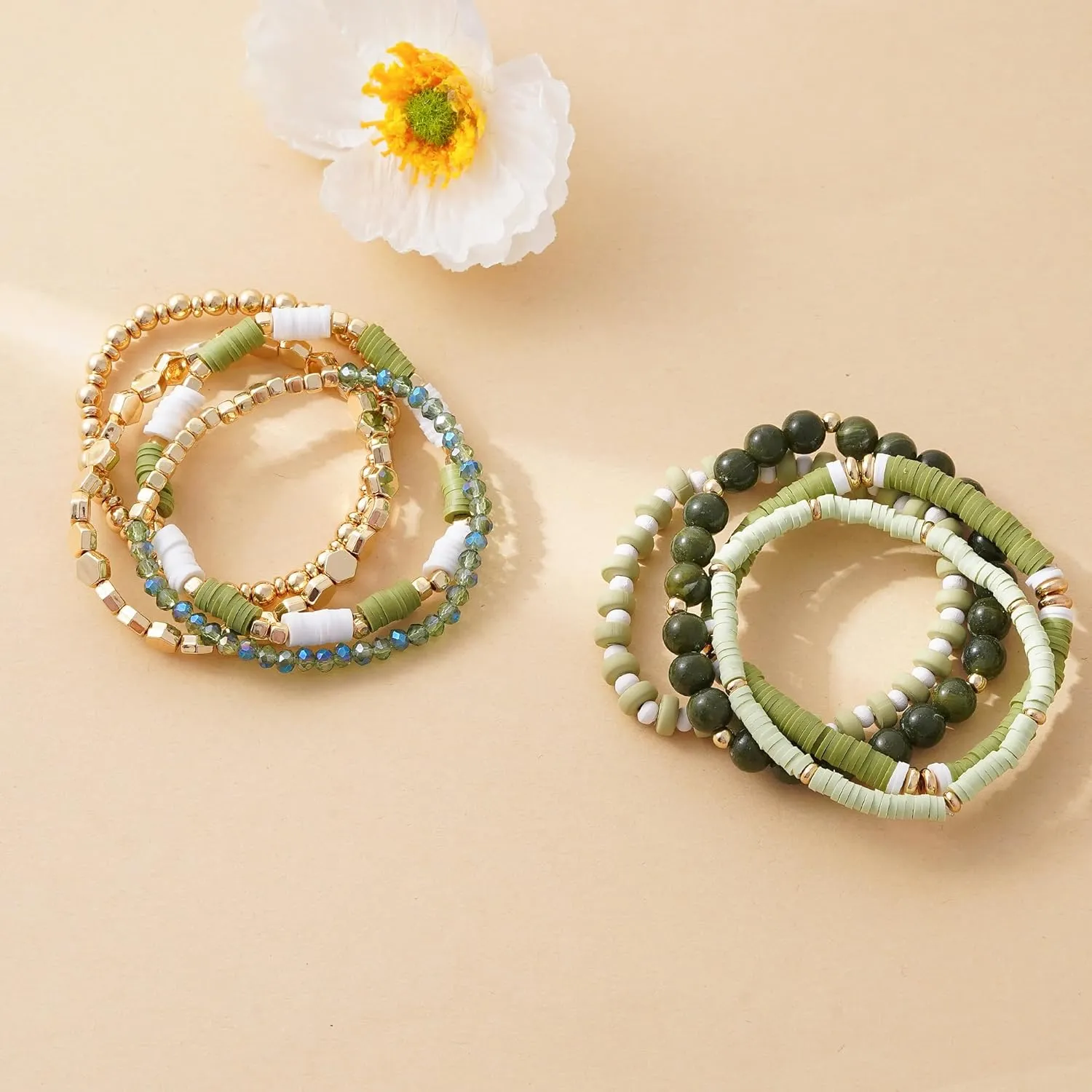 GOOJIDS Surfer Heishi Clay Bead Bracelets for Women Bohemian Stackable Gold Beaded Stretch Bracelets Elastic Layering Friendship Bracelets Set Boho Jewelry