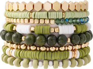 GOOJIDS Surfer Heishi Clay Bead Bracelets for Women Bohemian Stackable Gold Beaded Stretch Bracelets Elastic Layering Friendship Bracelets Set Boho Jewelry