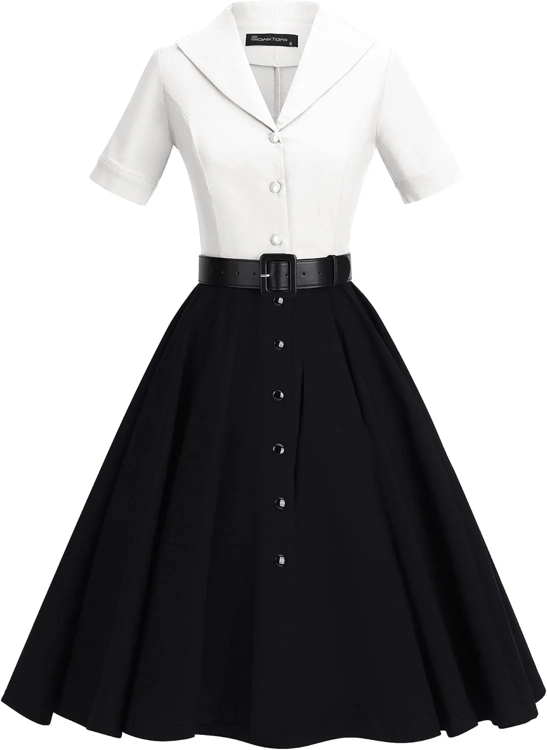 GownTown 1950 Women Dress Midi Shirt Dress Cocktail Dress with Belt