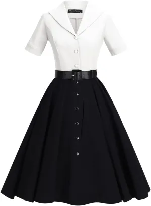 GownTown 1950 Women Dress Midi Shirt Dress Cocktail Dress with Belt