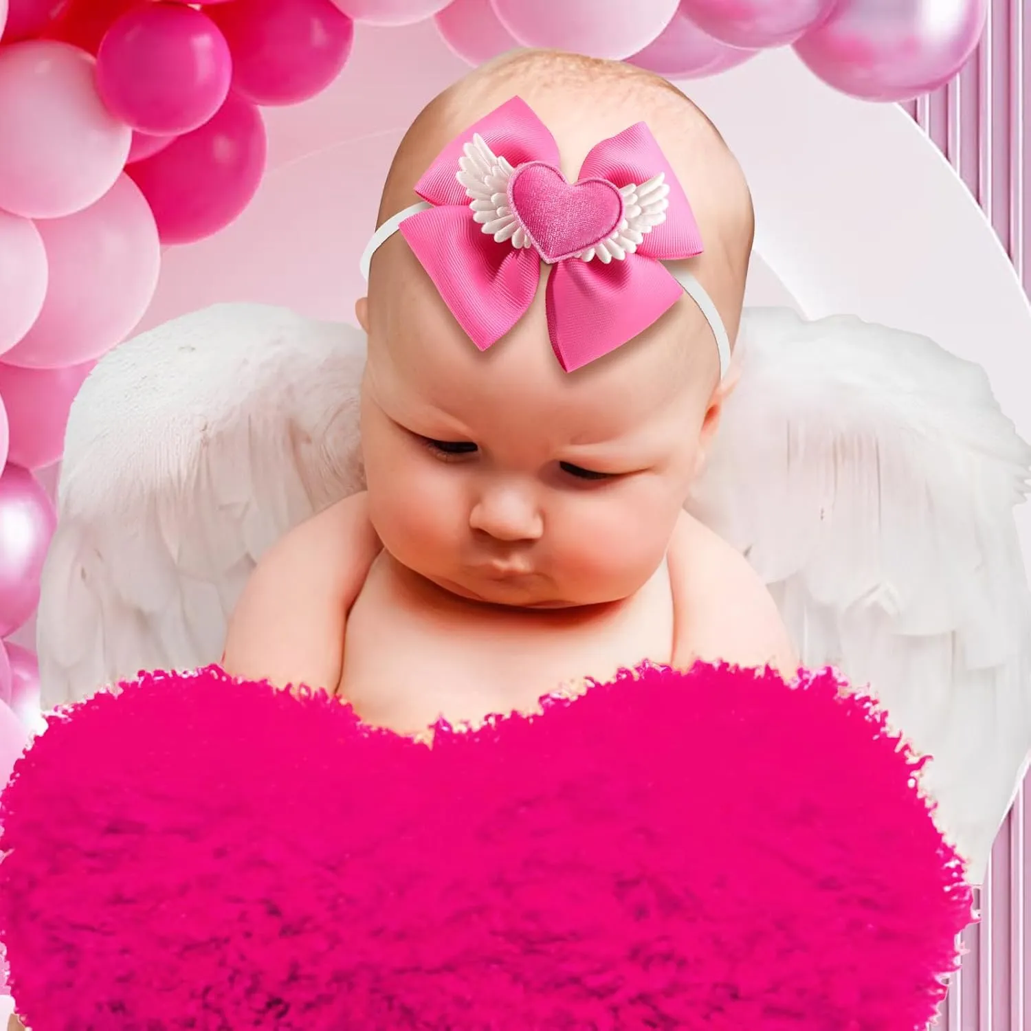 Hair Bow for Baby Girls High Stretchy Soft Nylon Headbands Baby Hair Bow with Bows Hair Accessories Red Pink Heart White Wings
