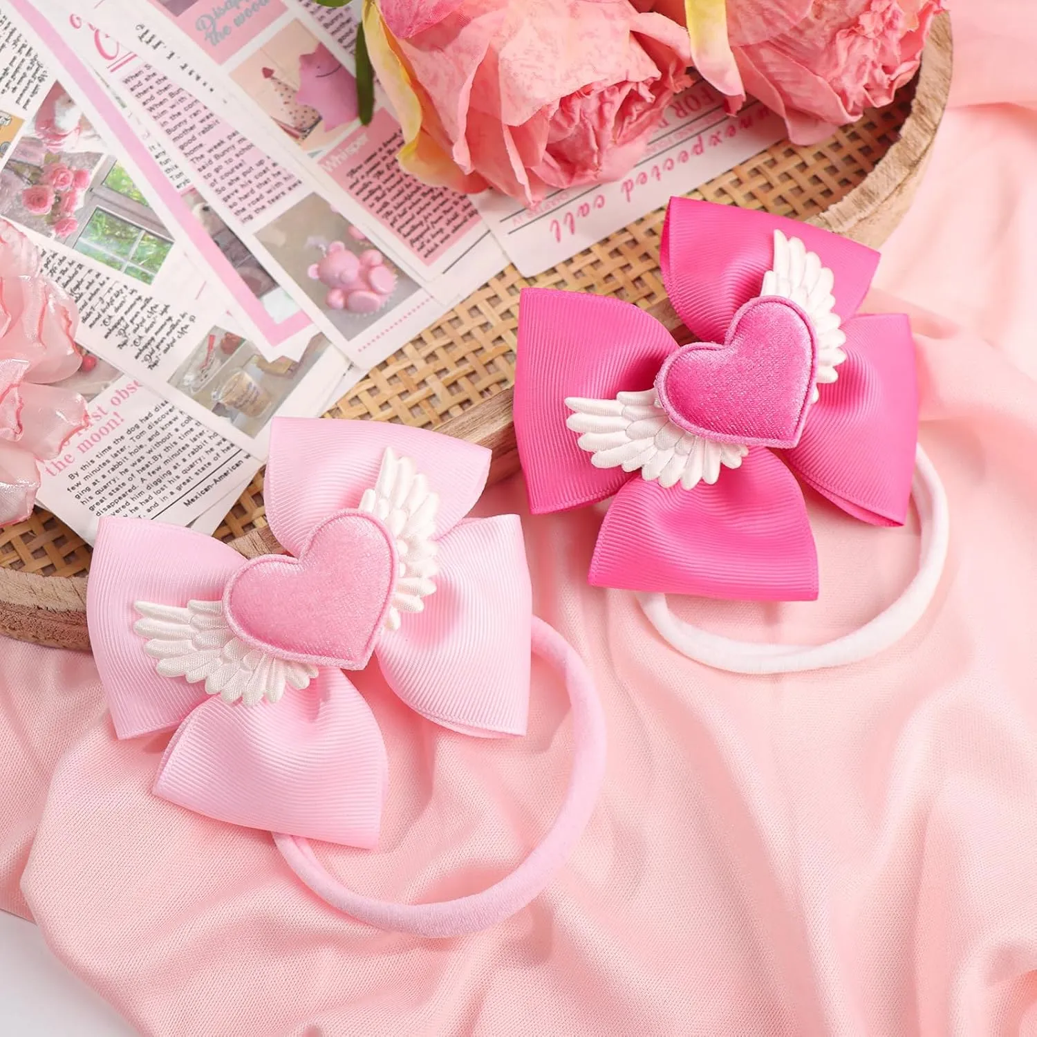 Hair Bow for Baby Girls High Stretchy Soft Nylon Headbands Baby Hair Bow with Bows Hair Accessories Red Pink Heart White Wings