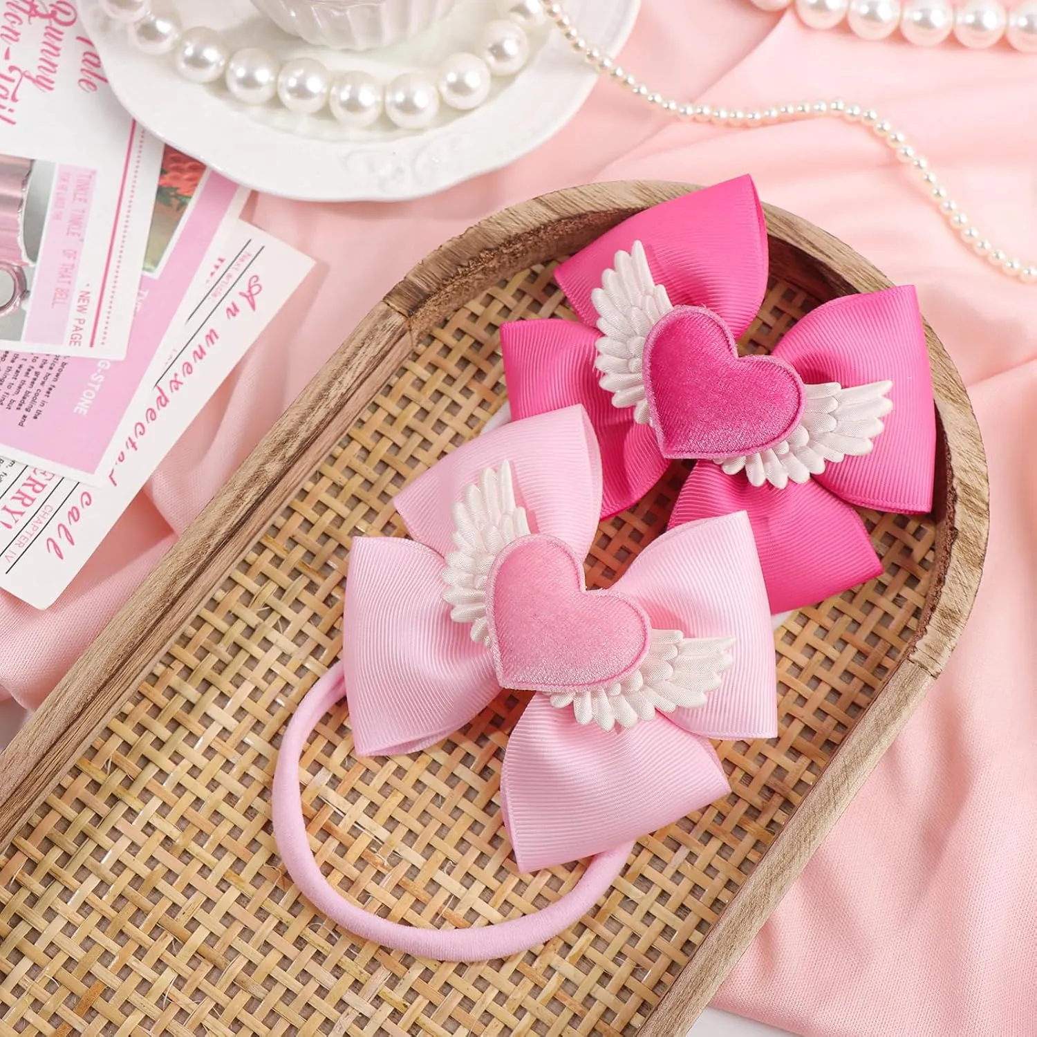 Hair Bow for Baby Girls High Stretchy Soft Nylon Headbands Baby Hair Bow with Bows Hair Accessories Red Pink Heart White Wings