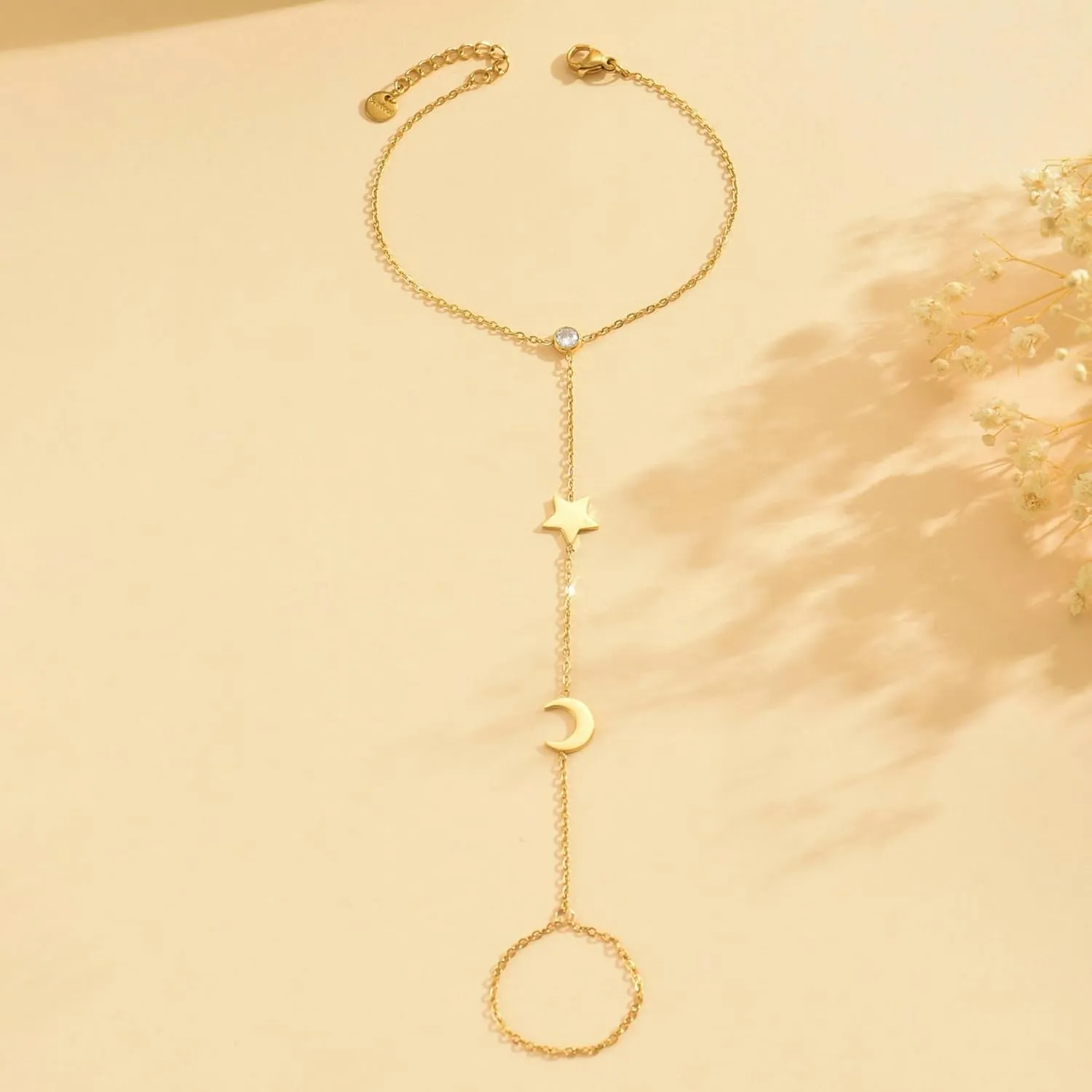 Hand Chain Bracelet for Women 18K Gold Plated Pearl Beaded Moon Star Cubic Zirconia Ring Bracelet Hand Chain Trendy Body Jewlery Gifts
