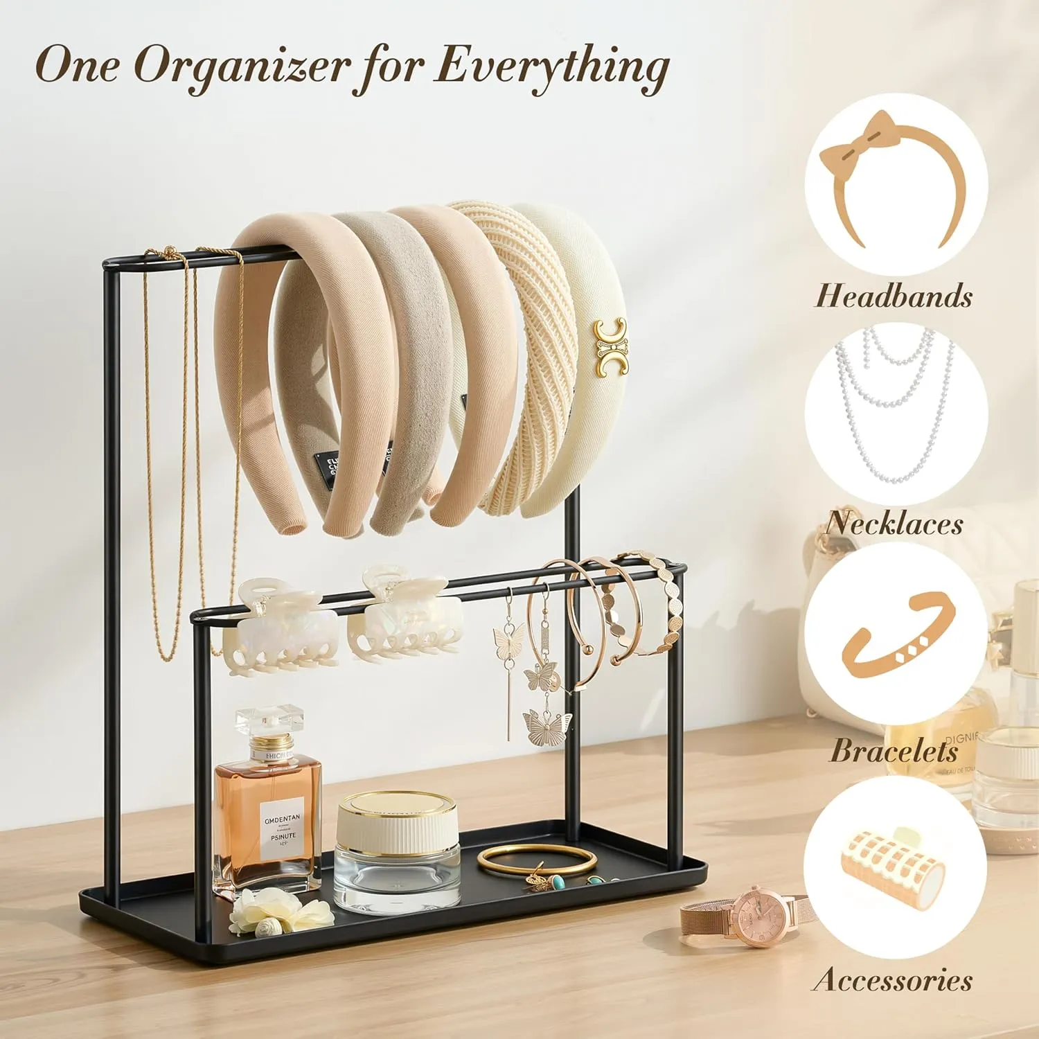 Headband Holder Organizer Metal 2-Tier with Tray: Hair Accessories Display Stand Storage Hairband Rack Necklace Stand Home Bedroom for Girls Women, Black