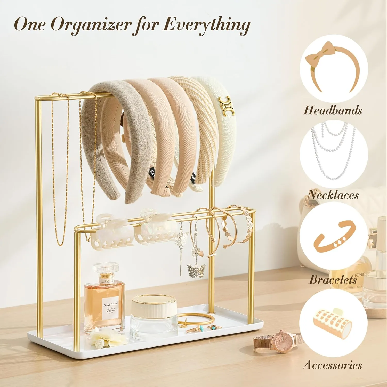 Headband Holder Organizer Metal 2-Tier with Tray: Hair Accessories Display Stand Storage Hairband Rack Necklace Stand Home Bedroom for Girls Women, Gold