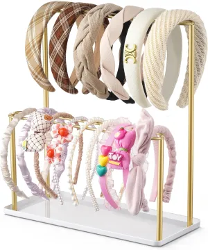 Headband Holder Organizer Metal 2-Tier with Tray: Hair Accessories Display Stand Storage Hairband Rack Necklace Stand Home Bedroom for Girls Women, Gold