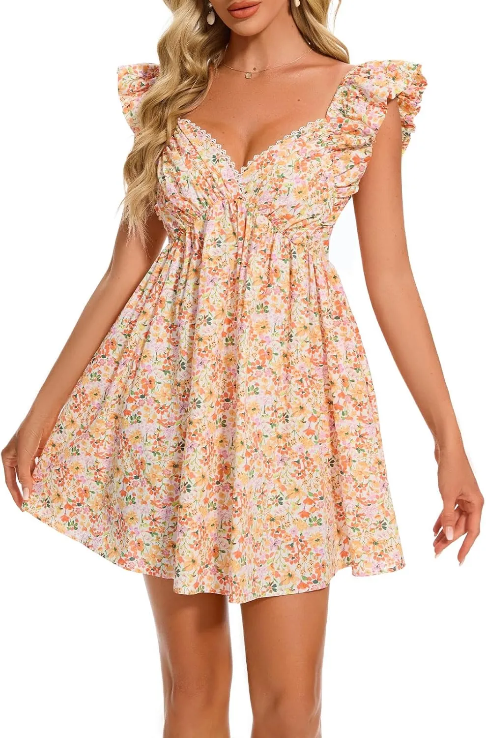 hibshaby Women's Floral Mini Dress V Neck Puff Sleeve Dress Short Babydoll Dress Sun Dress