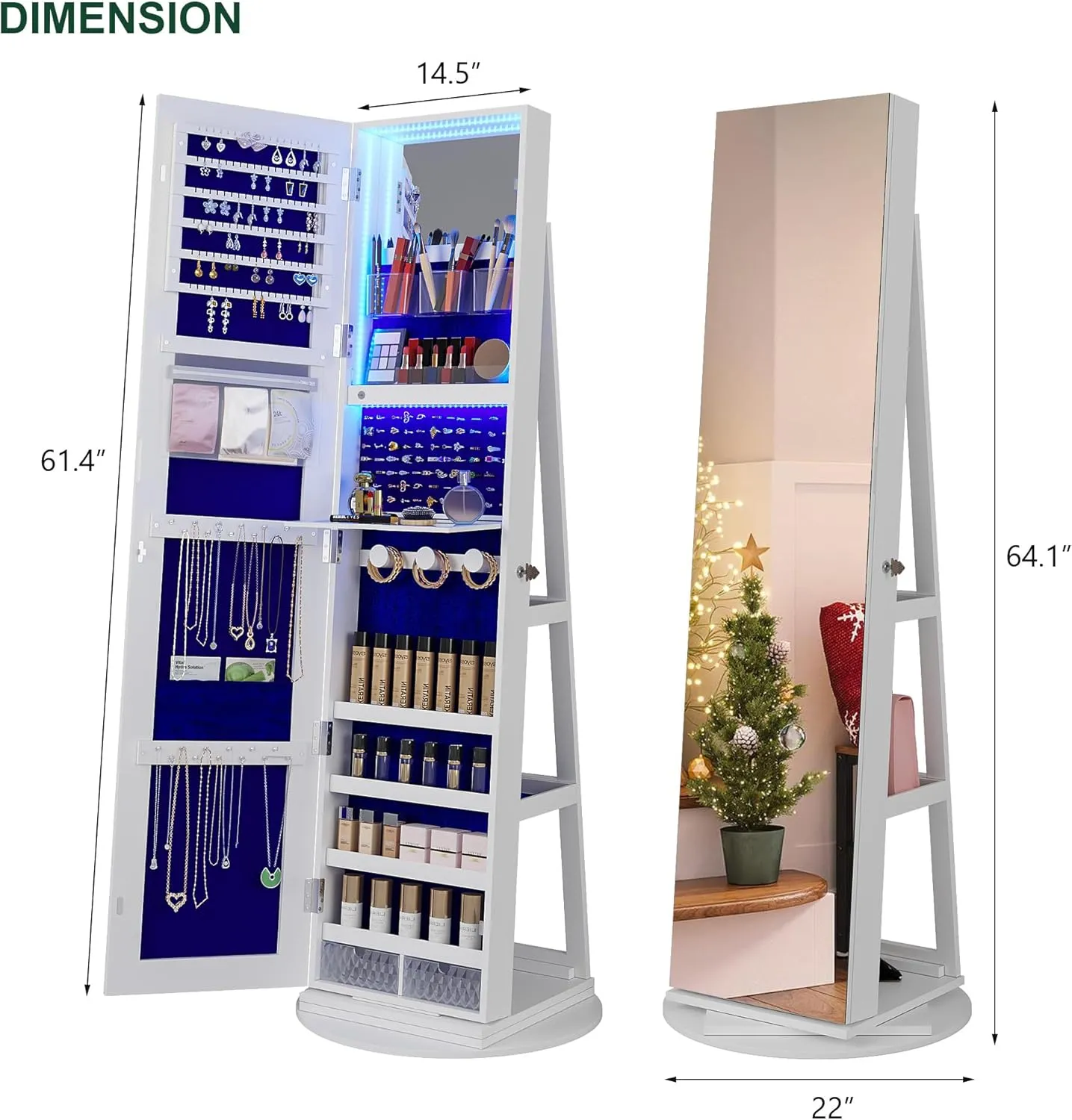 HNEBC 360 Swivel Jewelry Cabinet with Lights,Standing Jewelry Armoire Organizer, Rotatable Jewelry Mirror, Full Length Mirror with Jewelry Storage, White