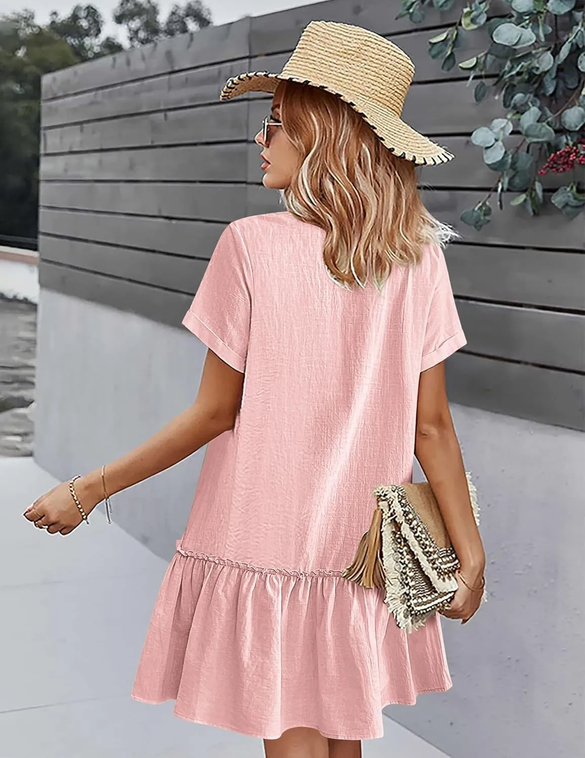 HOTOUCH Women Button Down Dress Loose Summer Cotton Linen Dress Ruffle Hem Casual Dress Short Sleeve Tunic Dress
