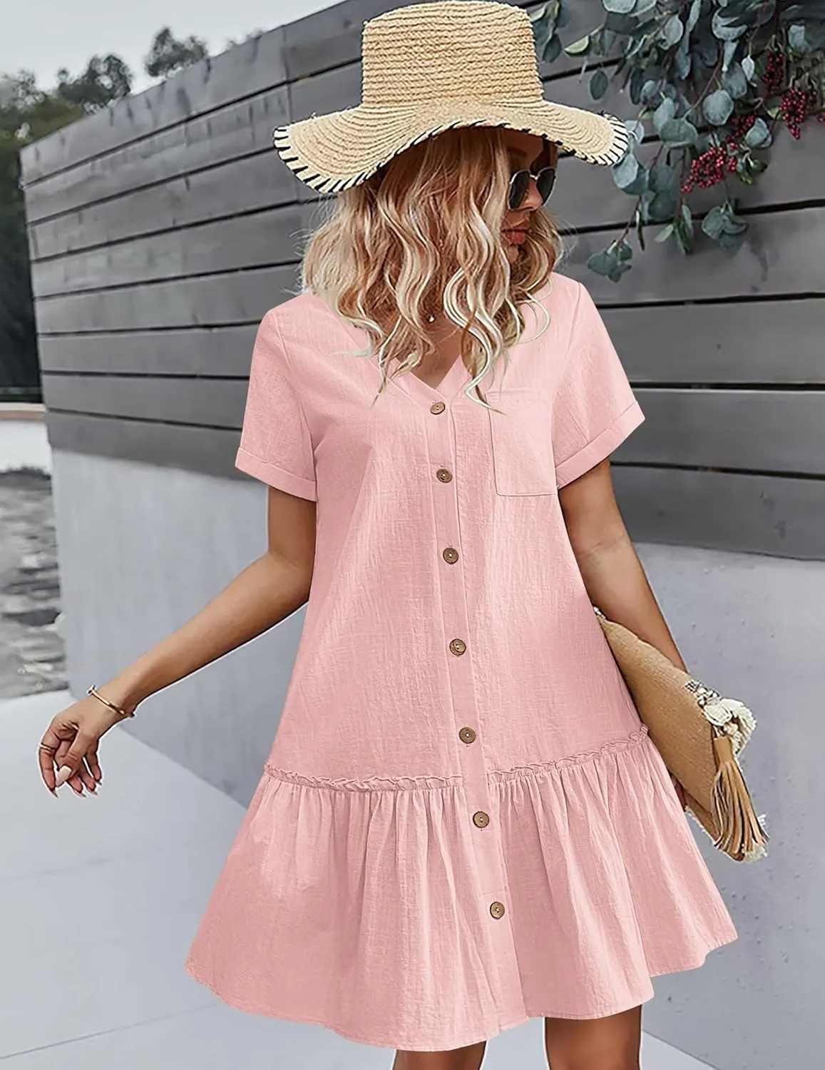 HOTOUCH Women Button Down Dress Loose Summer Cotton Linen Dress Ruffle Hem Casual Dress Short Sleeve Tunic Dress