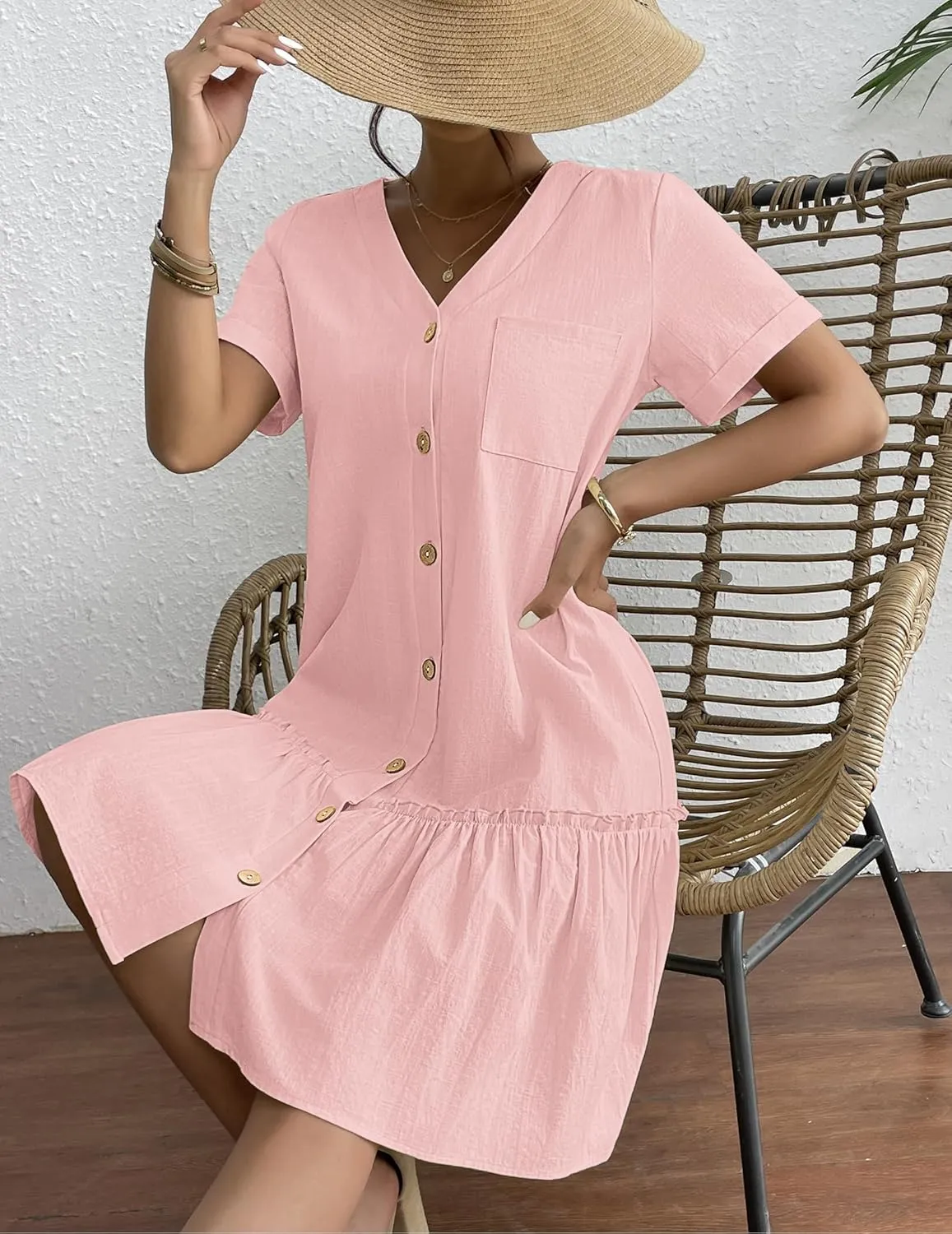 HOTOUCH Women Button Down Dress Loose Summer Cotton Linen Dress Ruffle Hem Casual Dress Short Sleeve Tunic Dress