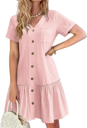 HOTOUCH Women Button Down Dress Loose Summer Cotton Linen Dress Ruffle Hem Casual Dress Short Sleeve Tunic Dress