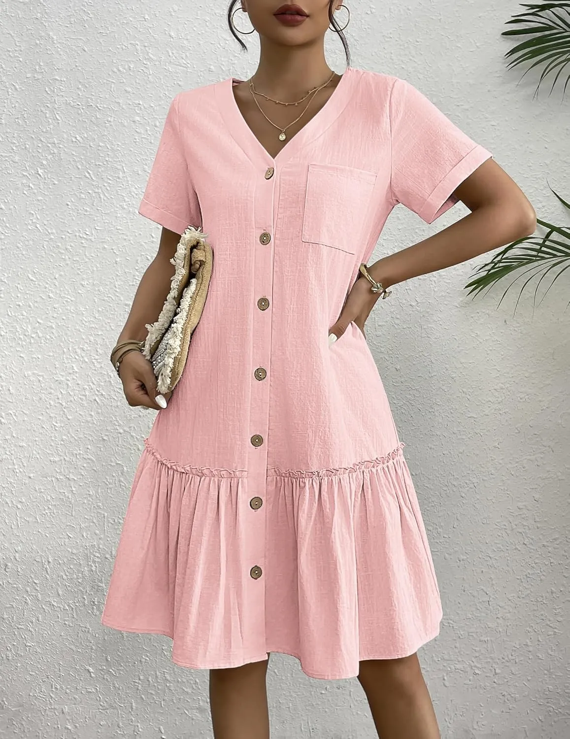HOTOUCH Women Button Down Dress Loose Summer Cotton Linen Dress Ruffle Hem Casual Dress Short Sleeve Tunic Dress